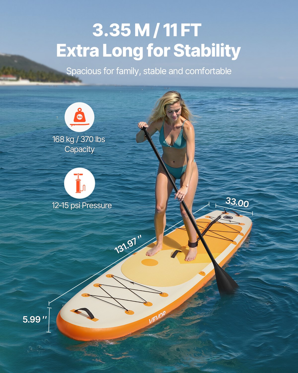 VEVOR Inflatable Stand Up Paddle Board, 3.35m x 84cm x 15cm Wide Ultra-Light SUP Paddleboard, All Accessories Included, Pump, Paddle, Fin, Backpack, Ankle Leash, Strap, Non-slip Deck for Youth Adults