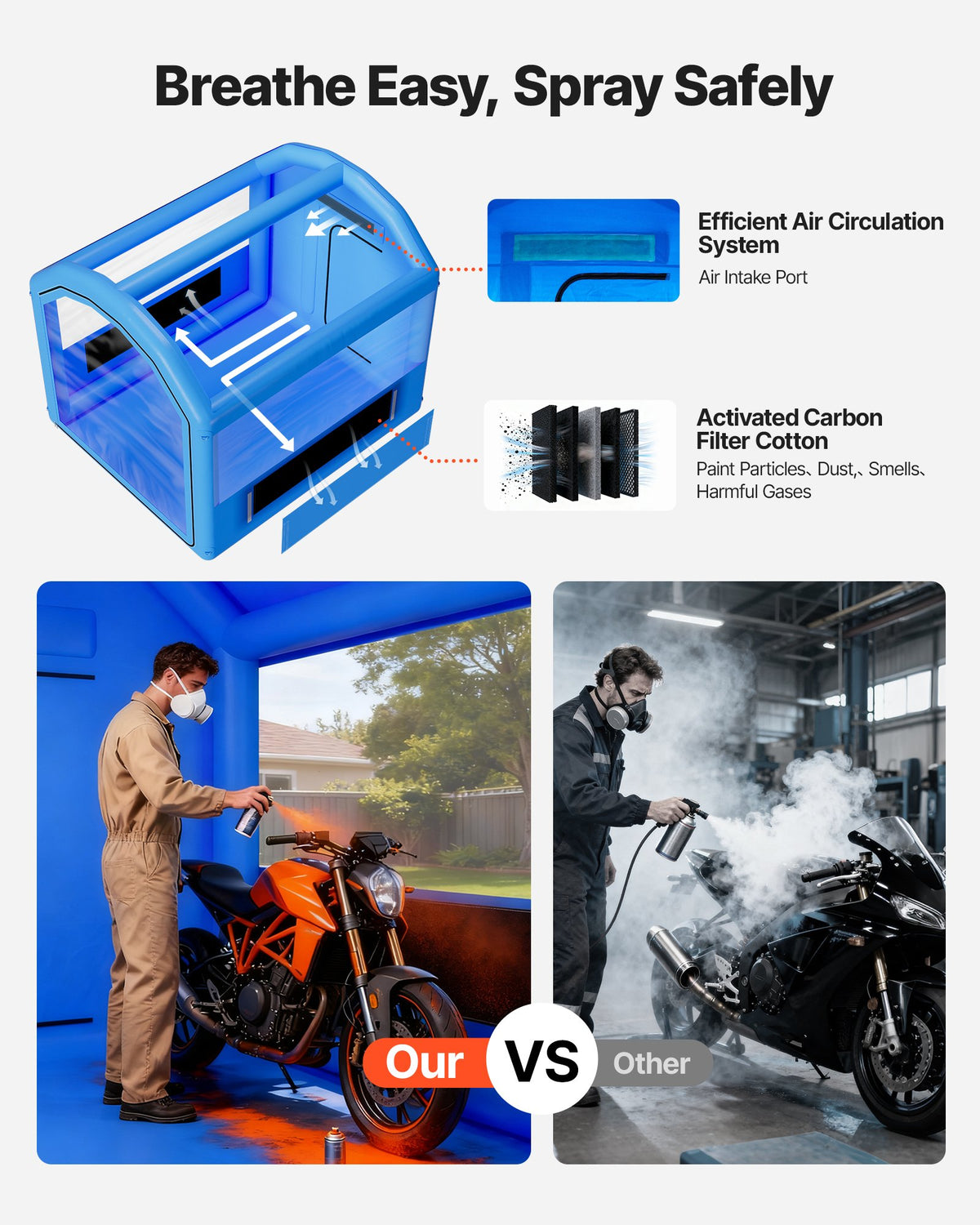 VEVOR Inflatable Paint Booth, 3 x 2.6 x 2.6 m, Inflatable Spray Booth with 550W Powerful Blower and Air Filter System, Round Roof, for Painting Bicycle, Motorcycle, and Automotive Sheet Metal
