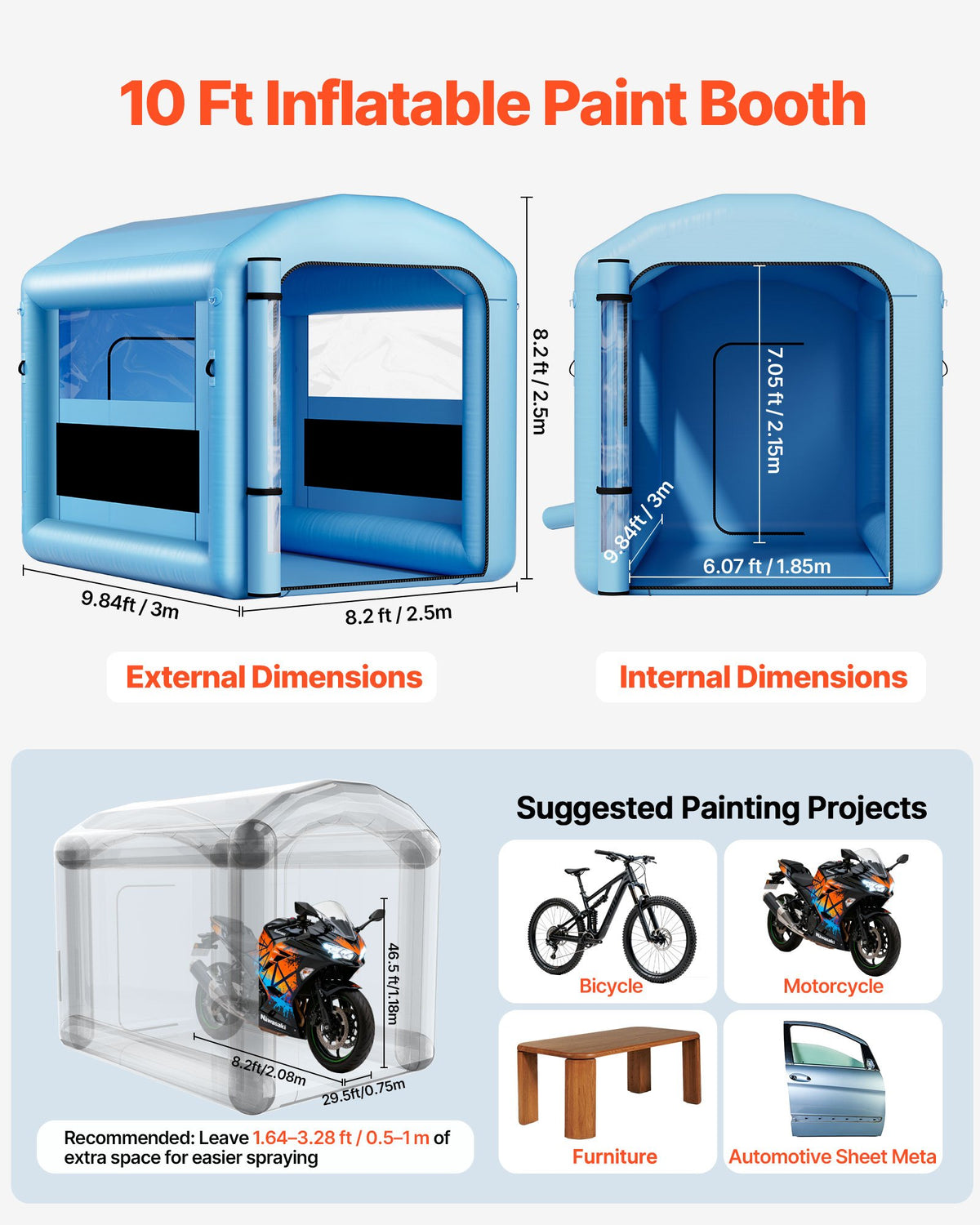 VEVOR Inflatable Paint Booth, 3 x 2.5 x 2.5 m, Inflatable Spray Booth with 550W Powerful Blower and Air Filter System, Round Roof with Light Hook, for Painting Bicycle, Motorcycle, and Furniture