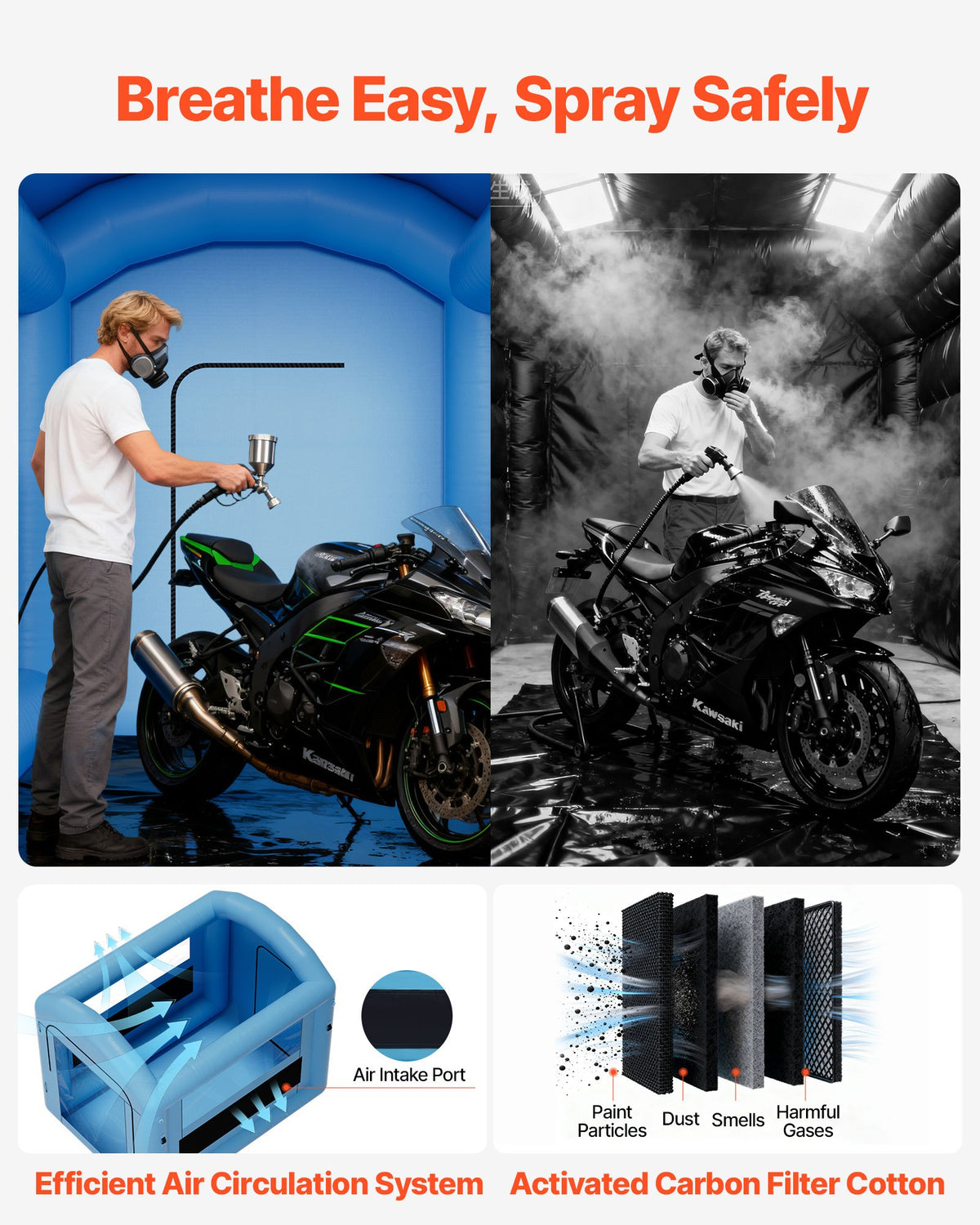VEVOR Inflatable Paint Booth, 3 x 2.5 x 2.5 m, Inflatable Spray Booth with 550W Powerful Blower and Air Filter System, Round Roof with Light Hook, for Painting Bicycle, Motorcycle, and Furniture