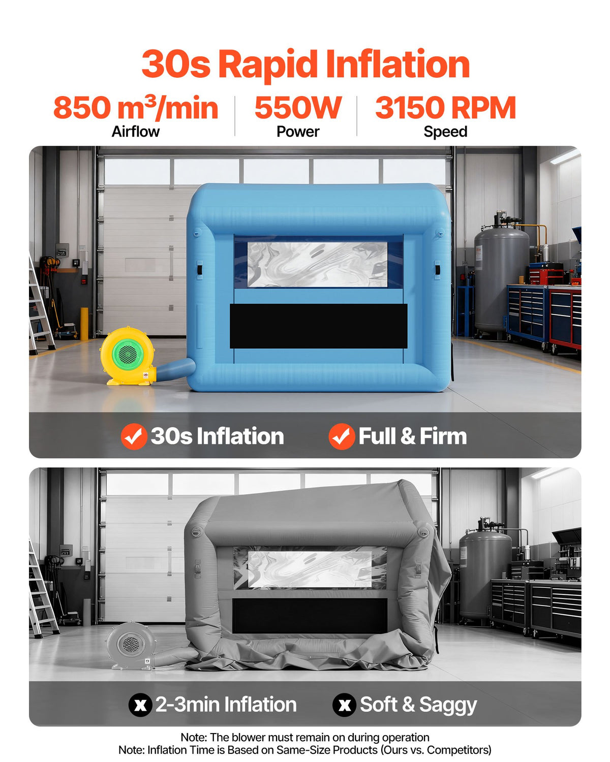 VEVOR Inflatable Paint Booth, 3 x 2.5 x 2.5 m, Inflatable Spray Booth with 550W Powerful Blower and Air Filter System, Round Roof with Light Hook, for Painting Bicycle, Motorcycle, and Furniture