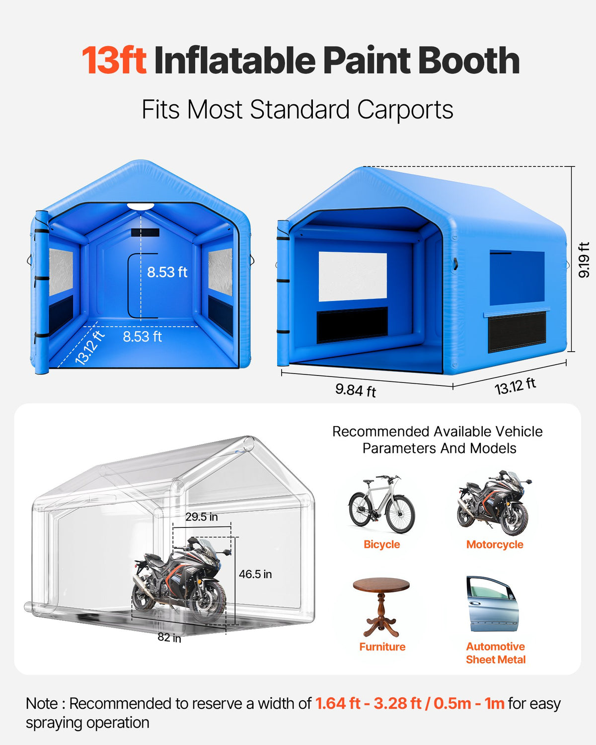 VEVOR Inflatable Paint Booth, 4 x 3 x 2.8 m, Inflatable Spray Booth with 750W Powerful Blower and Air Filter System, Triangular Roof, for Painting Bicycle, Motorcycle, Automotive Sheet Metal