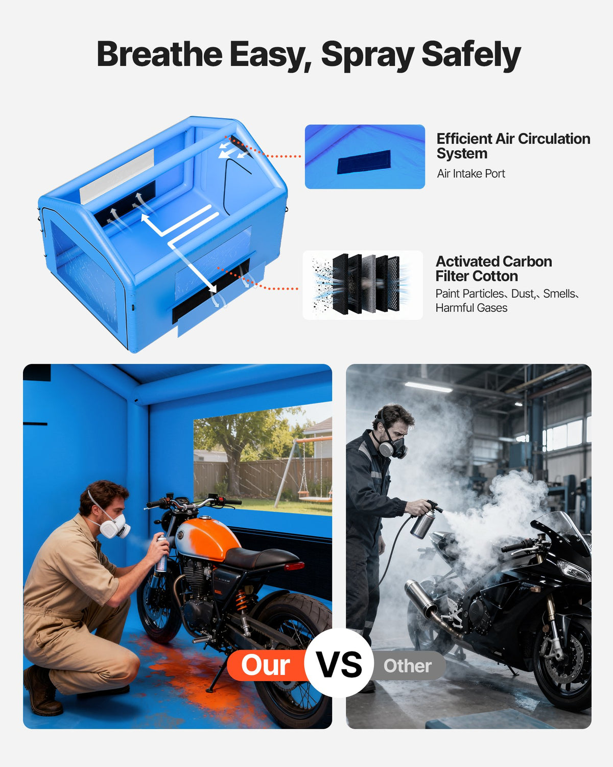 VEVOR Inflatable Paint Booth, 4 x 3 x 2.8 m, Inflatable Spray Booth with 750W Powerful Blower and Air Filter System, Triangular Roof, for Painting Bicycle, Motorcycle, Automotive Sheet Metal