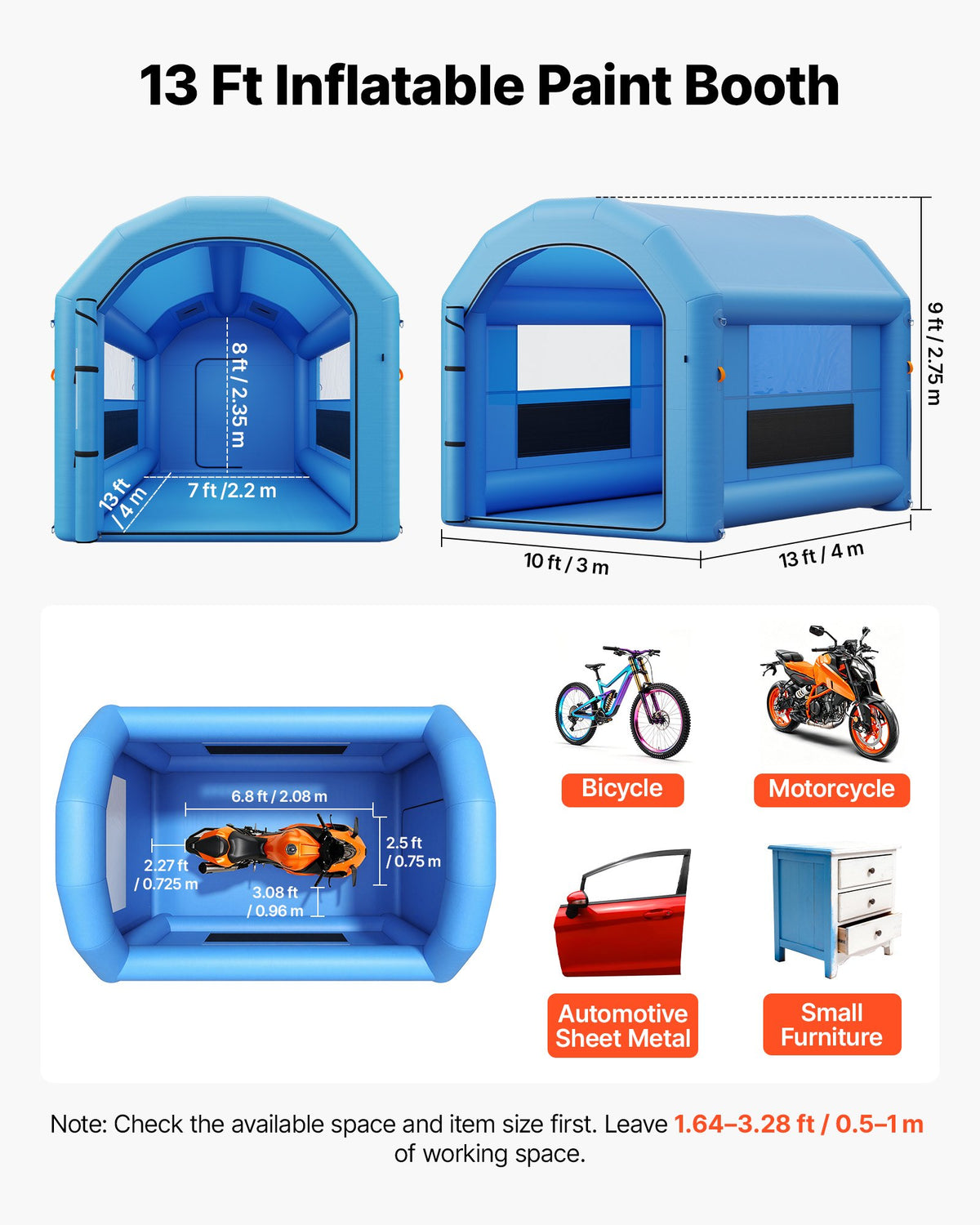 VEVOR Inflatable Paint Booth, 4 x 3 x 2.75 m, Portable Spray Booth with 750W Powerful Blower and Large Filter Cotton, Arched Roof Blow Up Painting Tent for Bike, Motorcycle, and Furniture, Blue