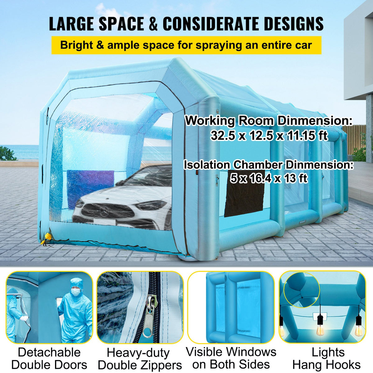 VEVOR Inflatable Paint Booth, 39.4x16.4x13.1 ft Spray Paint Booth, with 2 Powerful Blowers, Inflatable Spray Booth with Air Filter System, Car Paint Booth for Car Parking Tent Workstation, Blue