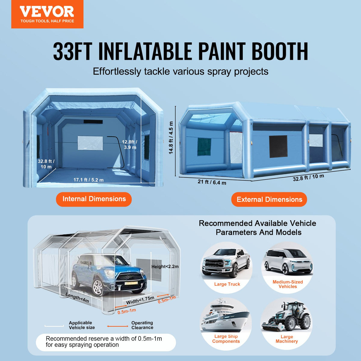 VEVOR Inflatable Paint Booth, 32.8 x 21 x 14.8 ft/10 x 6.4 x 4.5 m Inflatable Spray Booth, with 1100W+750W Powerful Blowers and Air Filter System, Portable Car Paint Booth for Large Truck, Large Van, Large Machinery