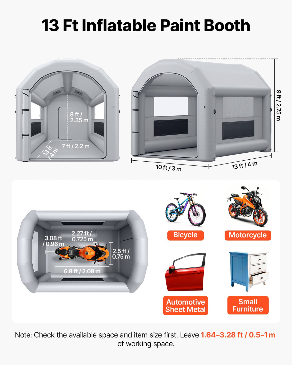 VEVOR Inflatable Paint Booth, 4 x 3 x 2.75 m, Portable Spray Booth with 750W Powerful Blower and Large Filter Cotton, Arched Roof Blow Up Painting Tent for Bike, Motorcycle, and Furniture, Gray
