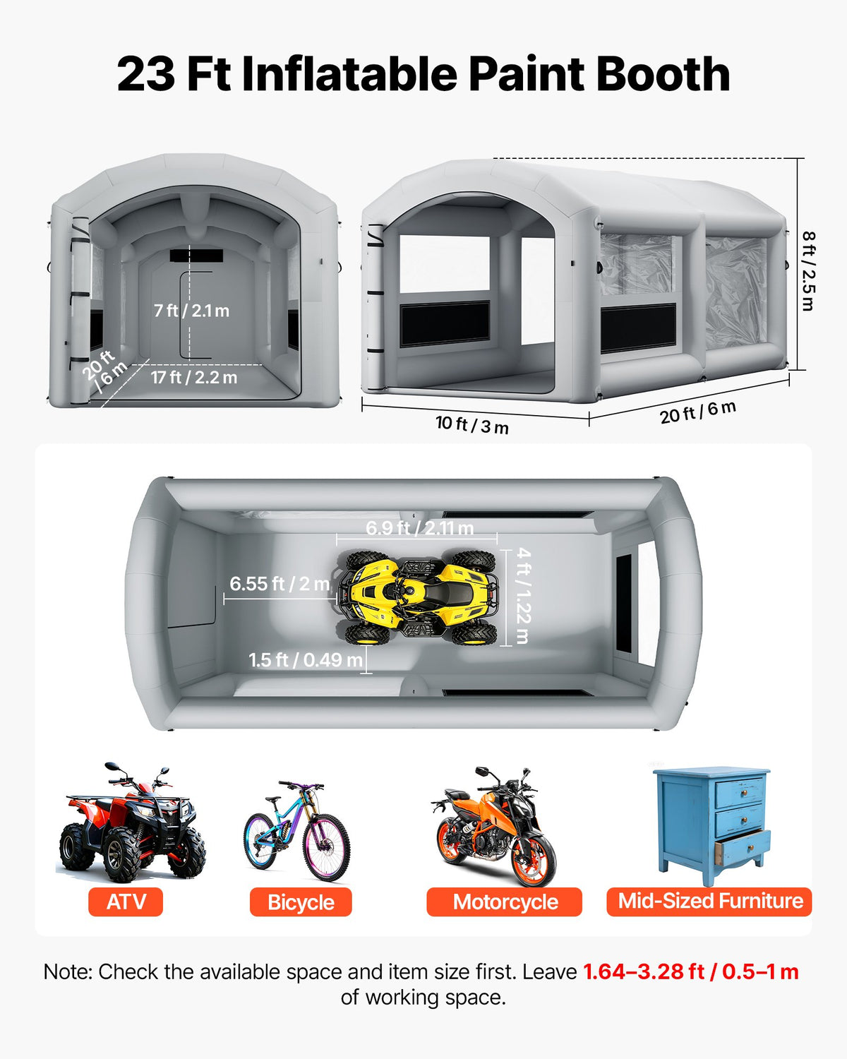 VEVOR Inflatable Paint Booth, 6 x 3 x 2.5 m, Portable Spray Booth with 550W+750W Blowers and Large Filter Cotton, Arched Roof Blow Up Painting Tent for ATV, Motorcycle, and Medium Furniture, Gray