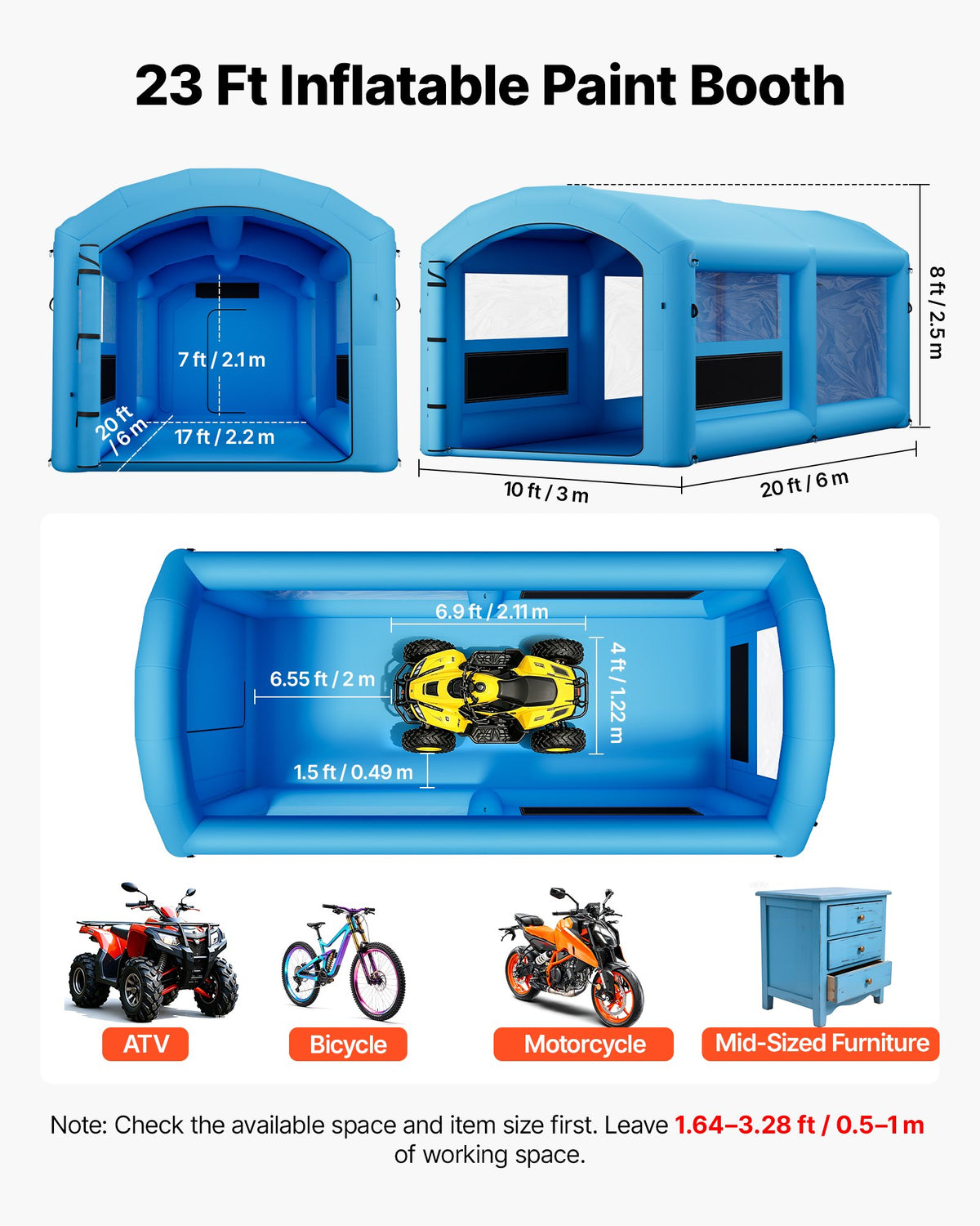 VEVOR Inflatable Paint Booth, 6 x 3 x 2.5 m, Portable Spray Booth with 550W+750W Blowers and Large Filter Cotton, Arched Roof Blow Up Painting Tent for ATV, Motorcycle, and Medium Furniture, Blue
