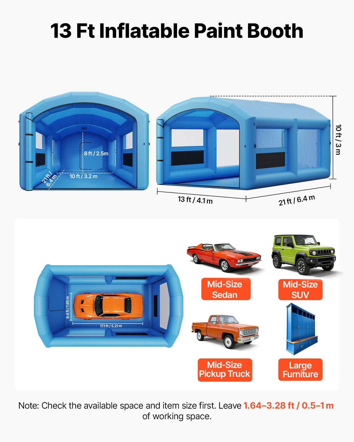 VEVOR Inflatable Paint Booth, 6.4 x 4.1 x 3 m, Portable Spray Booth with 1100W Powerful Blower and Large Filter Cotton, Arched Roof Blow Up Painting Tent for Mid-Size Pickup Truck, Large Furniture