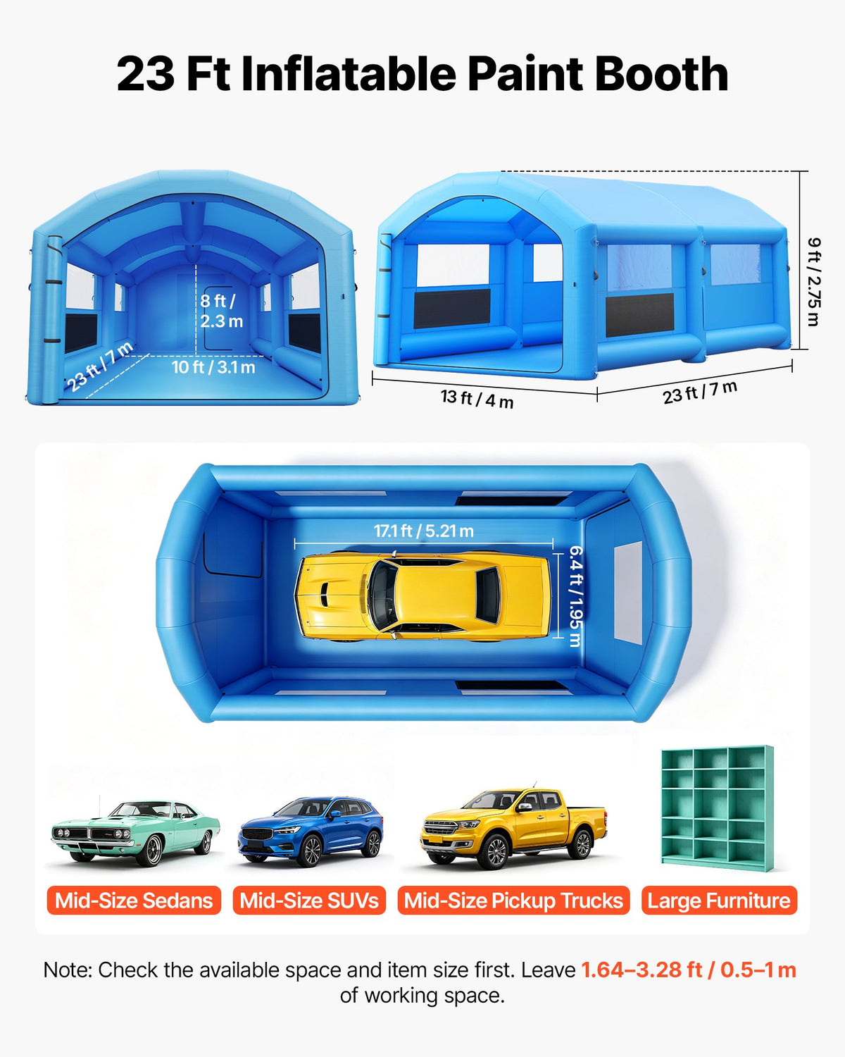 VEVOR Inflatable Paint Booth, 7 x 4 x 2.75 m, Portable Spray Booth with 550W+750W Blowers and Large Filter Cotton, Arched Roof Blow Up Painting Tent for Mid-Size Pickup Truck, Large Furniture, Blue