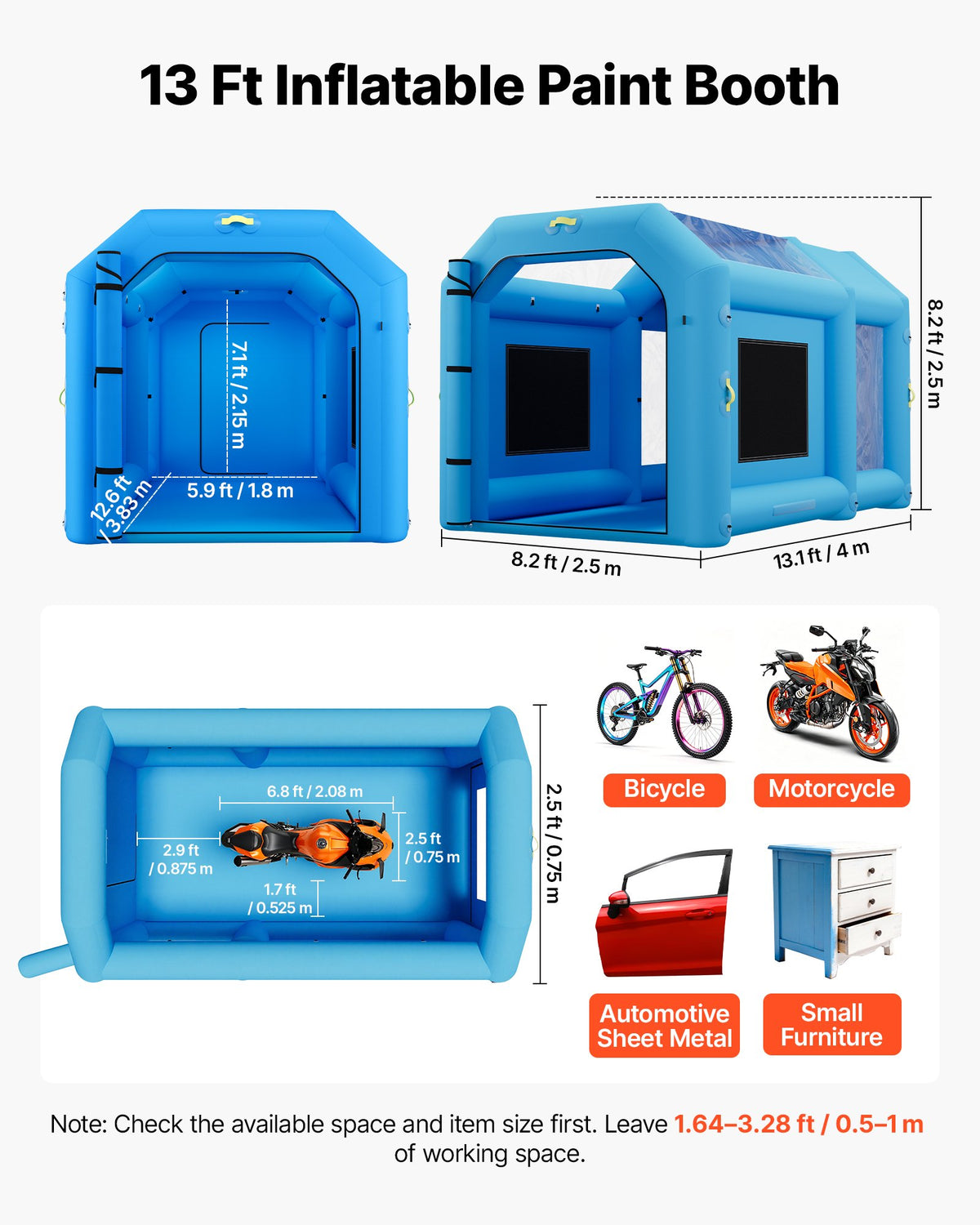 VEVOR Inflatable Paint Booth, 4 x 2.5 x 2.5 m, Portable Spray Booth with 750W Powerful Blower and Large Filter Cotton, Blow Up Painting Tent for Bike, Motorcycle, and Small Furniture, Blue