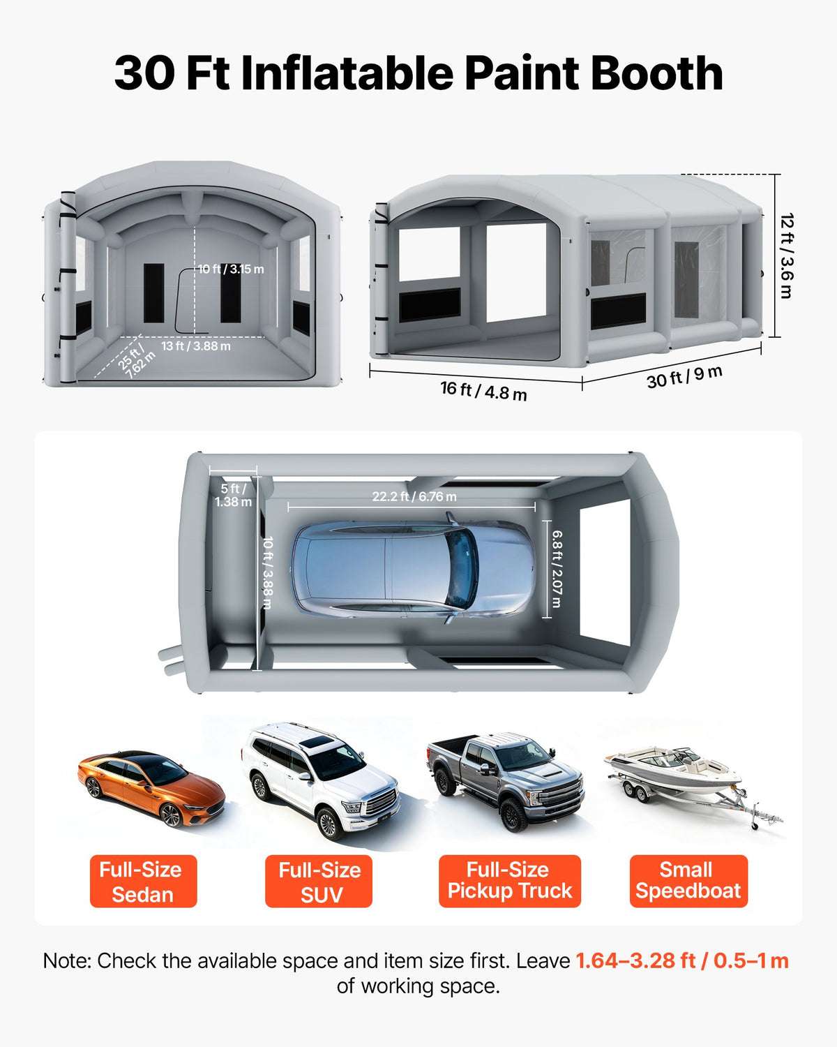 VEVOR Inflatable Paint Booth, 9 x 4.8 x 3.6 m, Portable Spray Booth with 750W+950W Blowers, Large Filter Cotton, Changing Area, Arched Roof Painting Tent for Full-Size Pickup, Small Speedboat, Gray