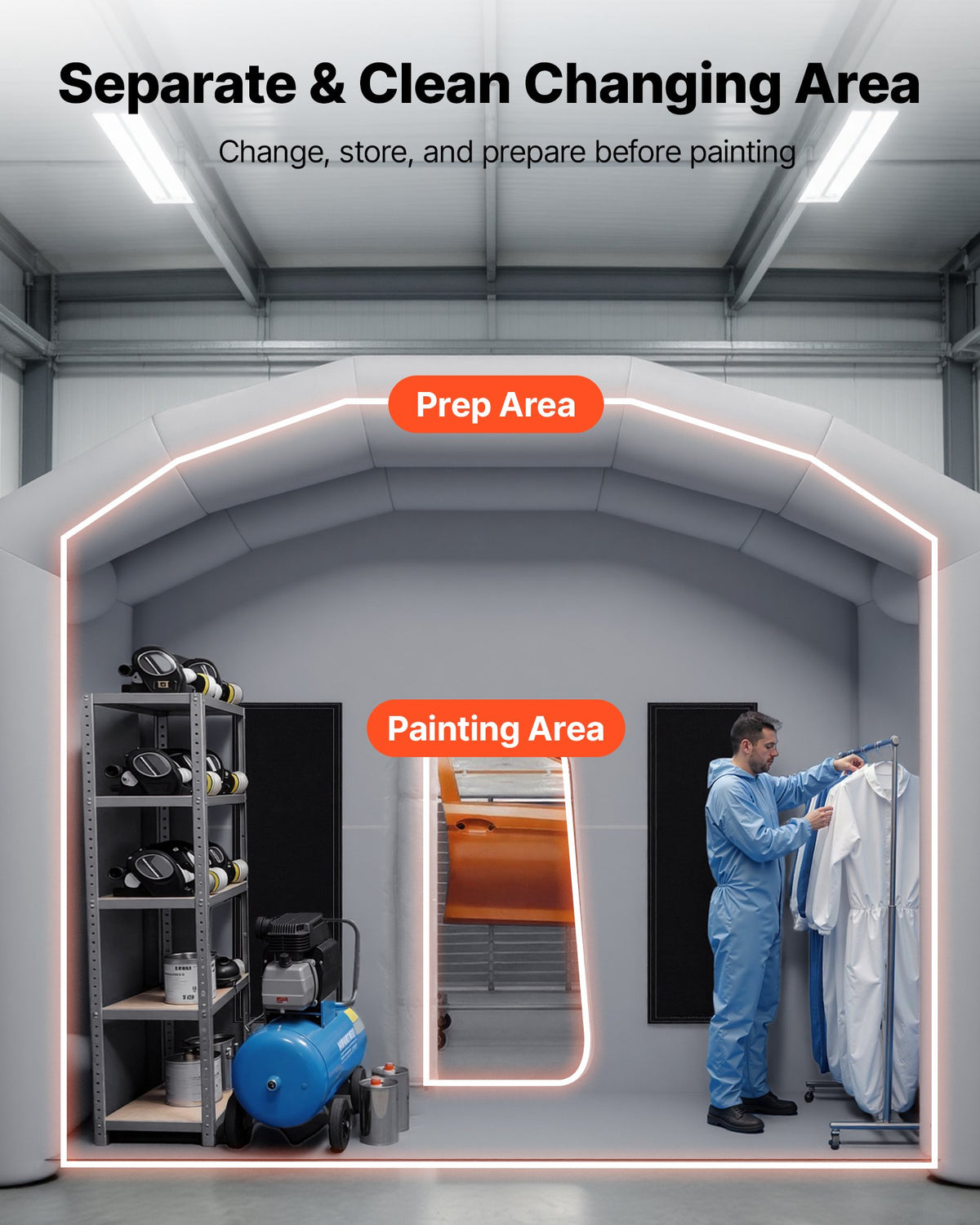 VEVOR Inflatable Paint Booth, 9 x 4.8 x 3.6 m, Portable Spray Booth with 750W+950W Blowers, Large Filter Cotton, Changing Area, Arched Roof Painting Tent for Full-Size Pickup, Small Speedboat, Gray