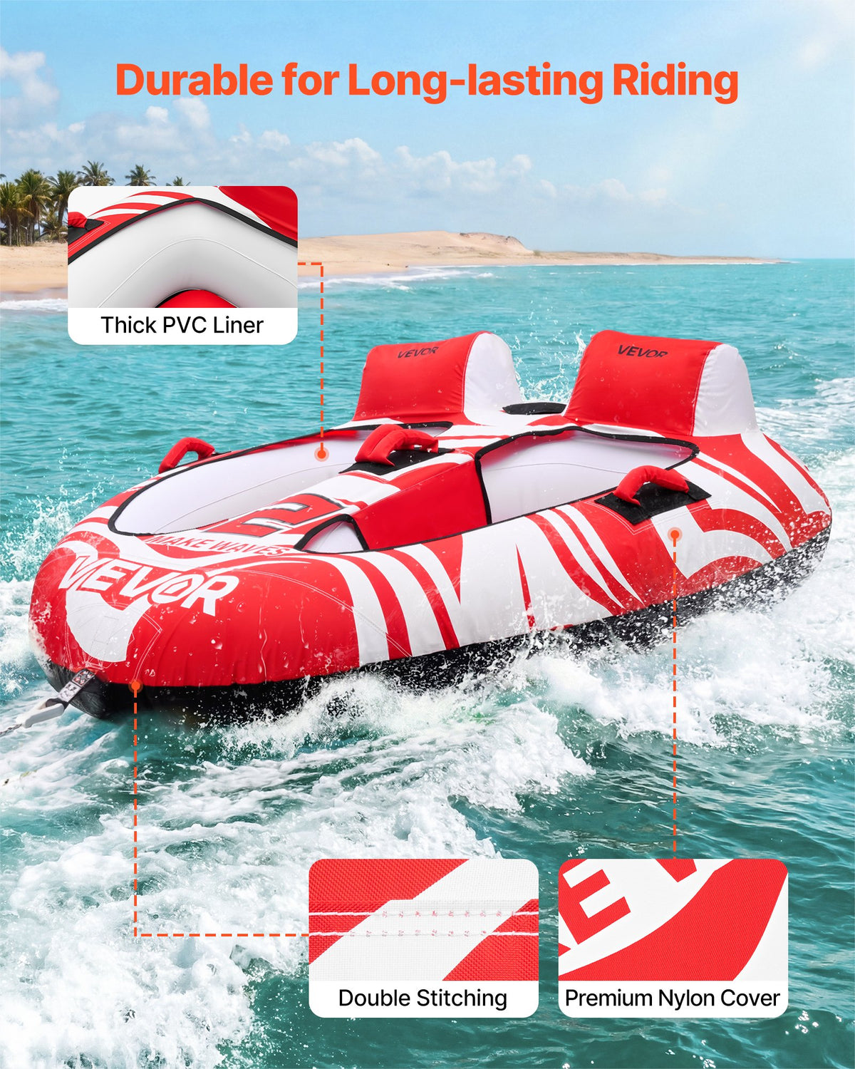 VEVOR Towable Tubes for Boating, 2-Rider Inflatable Boat Tubes and Towables, 340 lbs Capacity Water Sport Tubes for Boat to Pull - with 2 Cockpits, Full Nylon Cover, Padded Grab Handles & Safety Valve