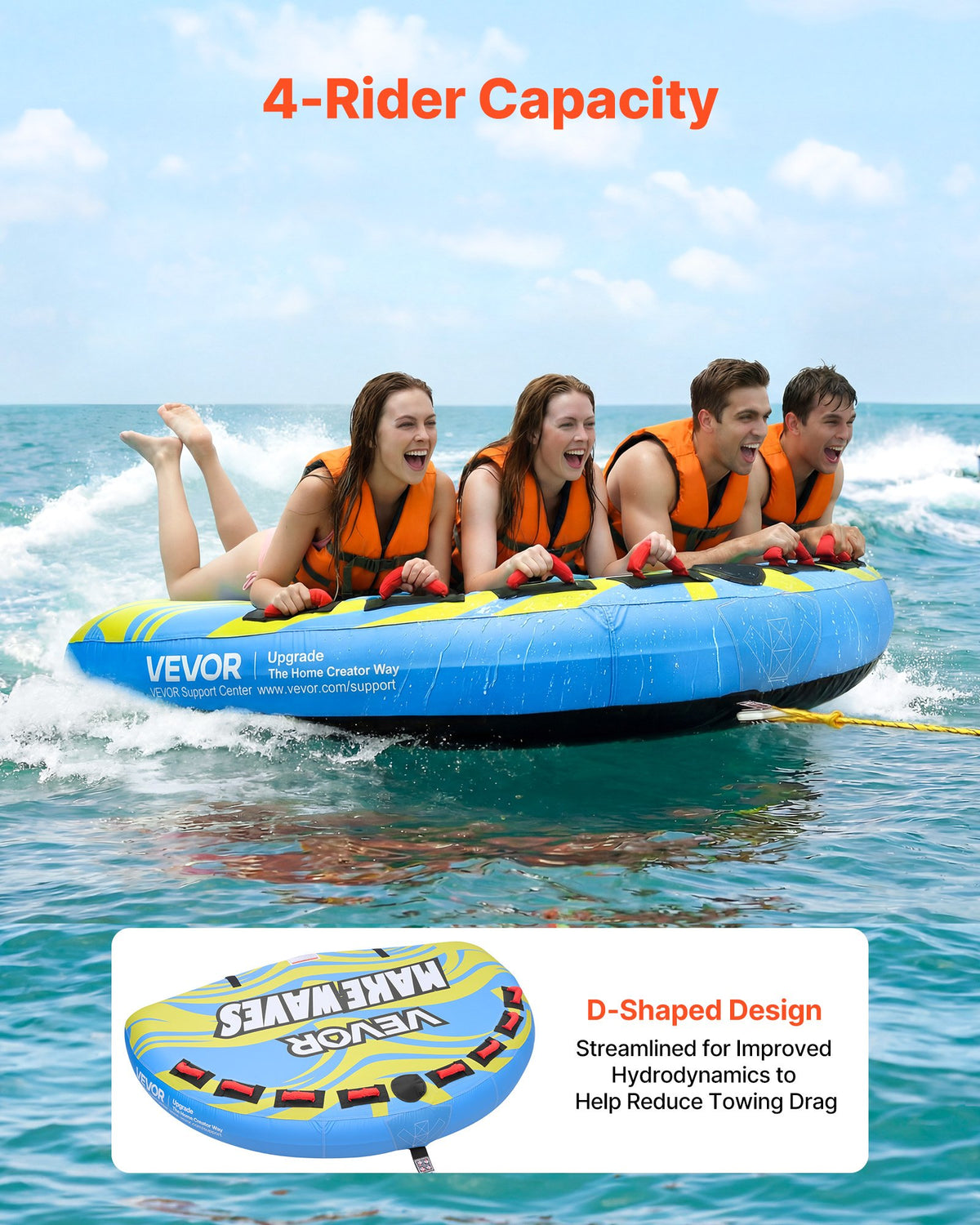 VEVOR Towable Tube for Boating, 4 Riders Inflatable Boat Tubes and Towables, 308 kg Capacity Water Sport Towable Tube for Boat to Pull - with Fins, Full Nylon Cover, Padded Handles & Safety Valve