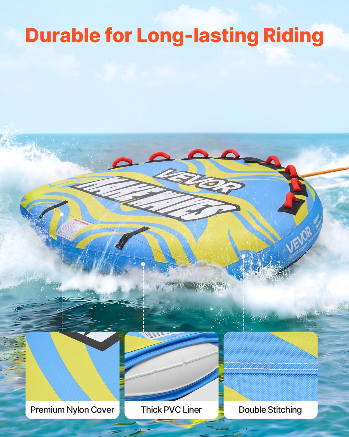 VEVOR Towable Tube for Boating, 4 Riders Inflatable Boat Tubes and Towables, 308 kg Capacity Water Sport Towable Tube for Boat to Pull - with Fins, Full Nylon Cover, Padded Handles & Safety Valve