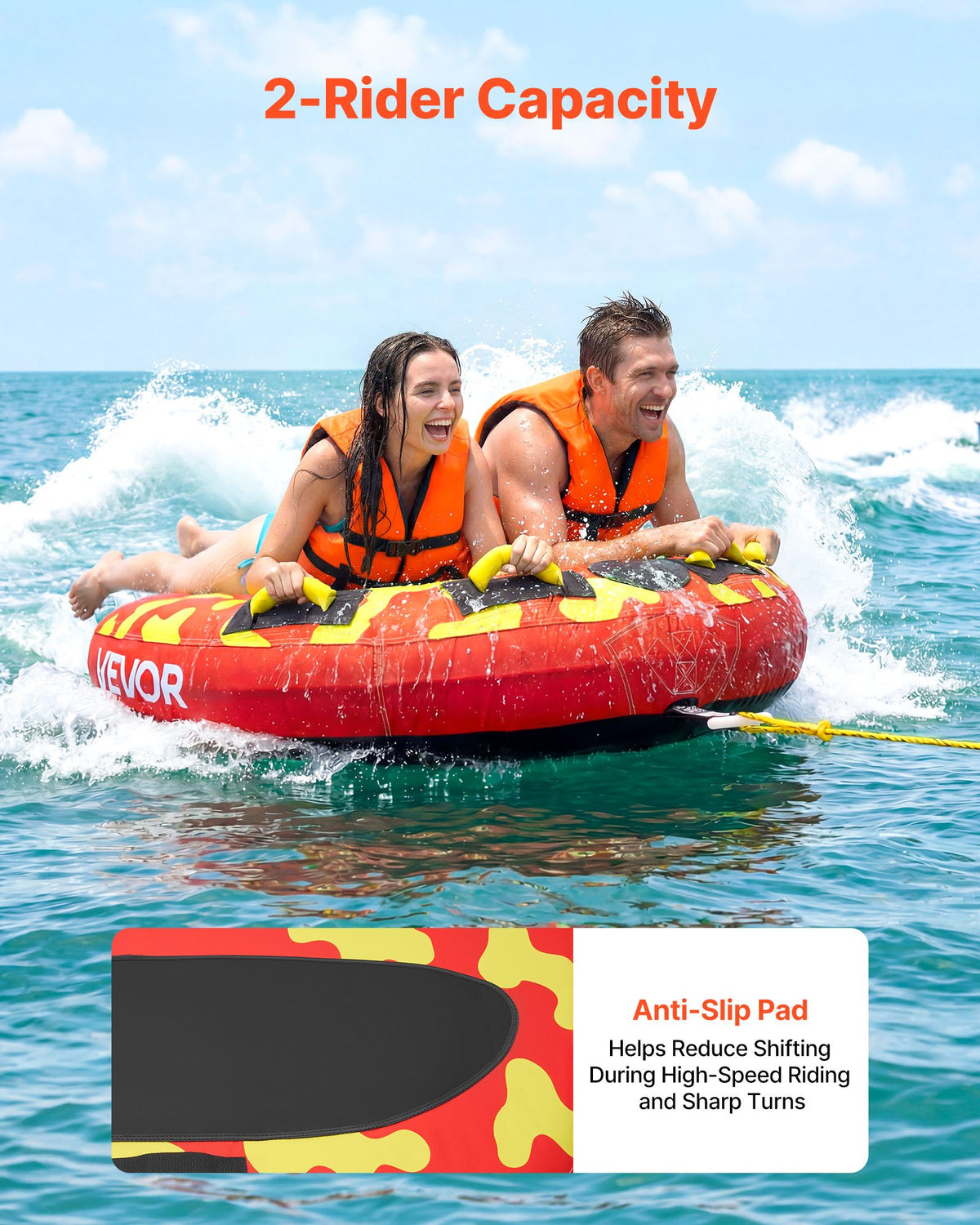 VEVOR Towable Tubes for Boating, 2-Rider Inflatable Boat Tubes and Towables, 154kg Capacity Water Sport Tube for Boat to Pull - with Anti-Slip Pad, Full Nylon Cover, Padded Handles & Safety Valve