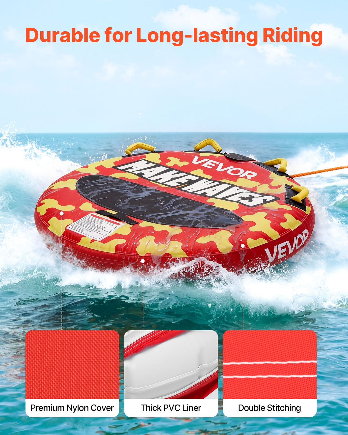 VEVOR Towable Tubes for Boating, 2-Rider Inflatable Boat Tubes and Towables, 154kg Capacity Water Sport Tube for Boat to Pull - with Anti-Slip Pad, Full Nylon Cover, Padded Handles & Safety Valve