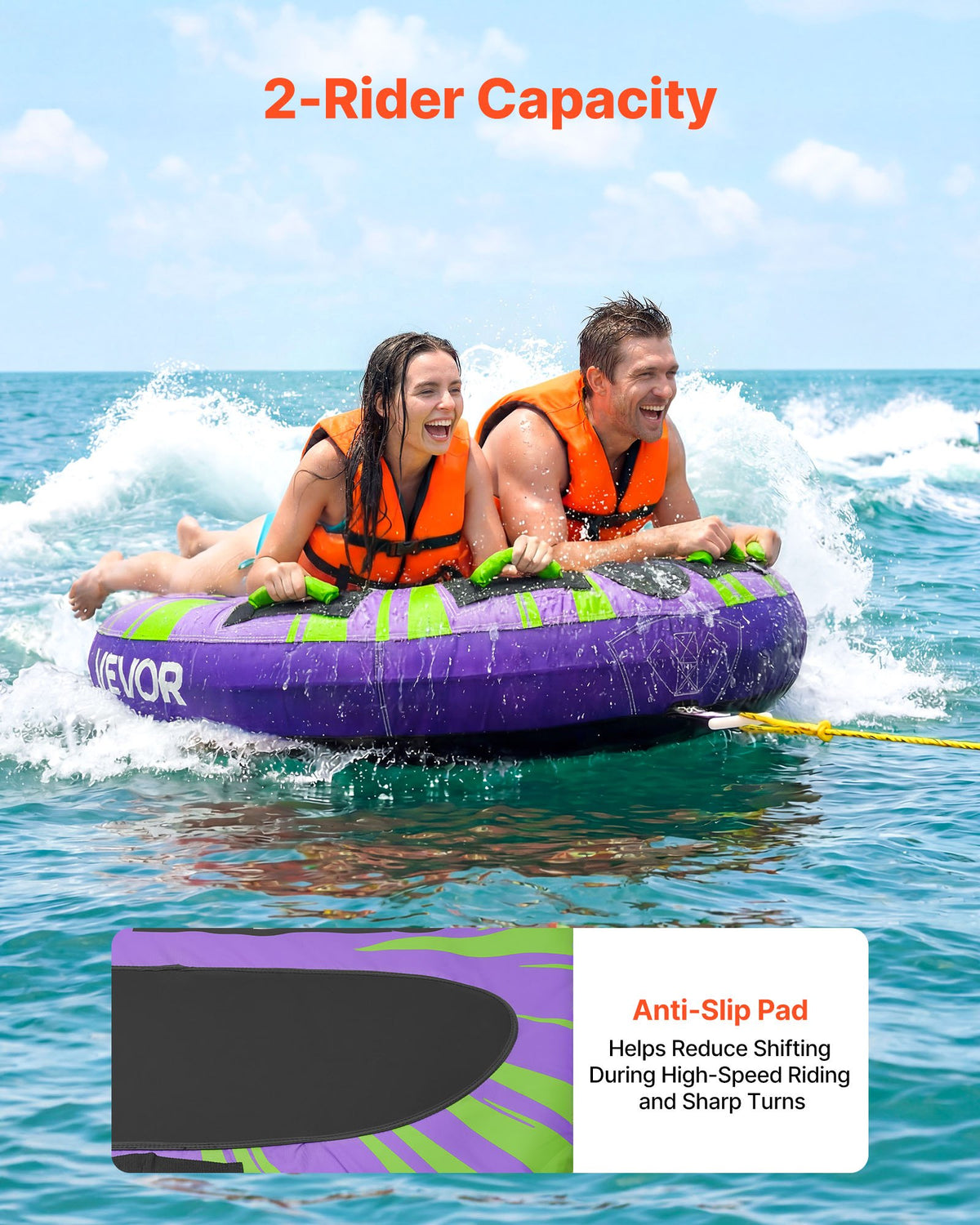 VEVOR Towable Tubes for Boating, 2-Rider Inflatable Boat Tubes and Towables, 340lbs Capacity Water Sport Tube for Boat to Pull - with Anti-Slip Pad, Full Nylon Cover, Padded Handles & Safety Valve