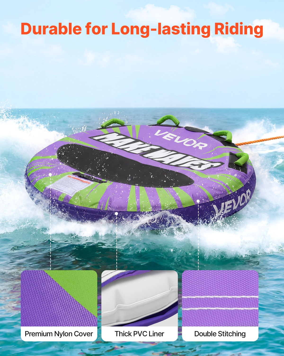 VEVOR Towable Tubes for Boating, 2-Rider Inflatable Boat Tubes and Towables, 340lbs Capacity Water Sport Tube for Boat to Pull - with Anti-Slip Pad, Full Nylon Cover, Padded Handles & Safety Valve