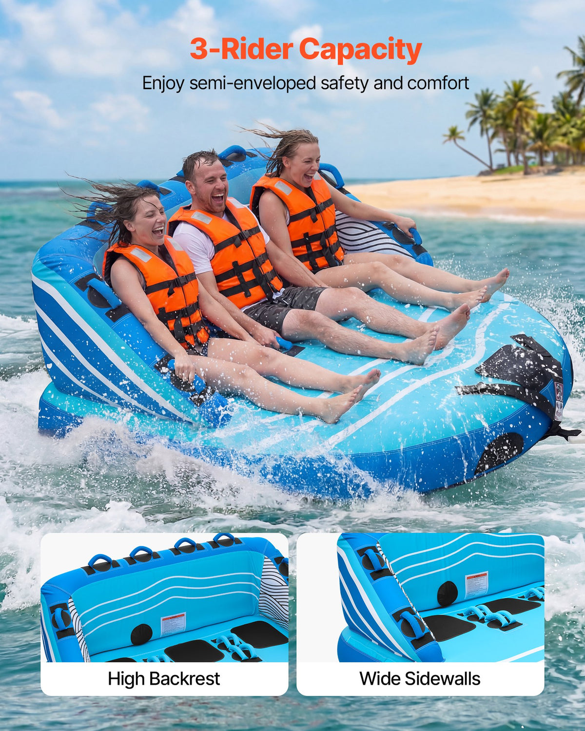 VEVOR Towable Tubes for Boating, 3-Rider Inflatable Towable Tube for Boat to Pull, 231 kg Capacity Water Sports Boating Tubes - with Full Nylon Cover, Dual Tow Points, Safety Valve & Padded Handles