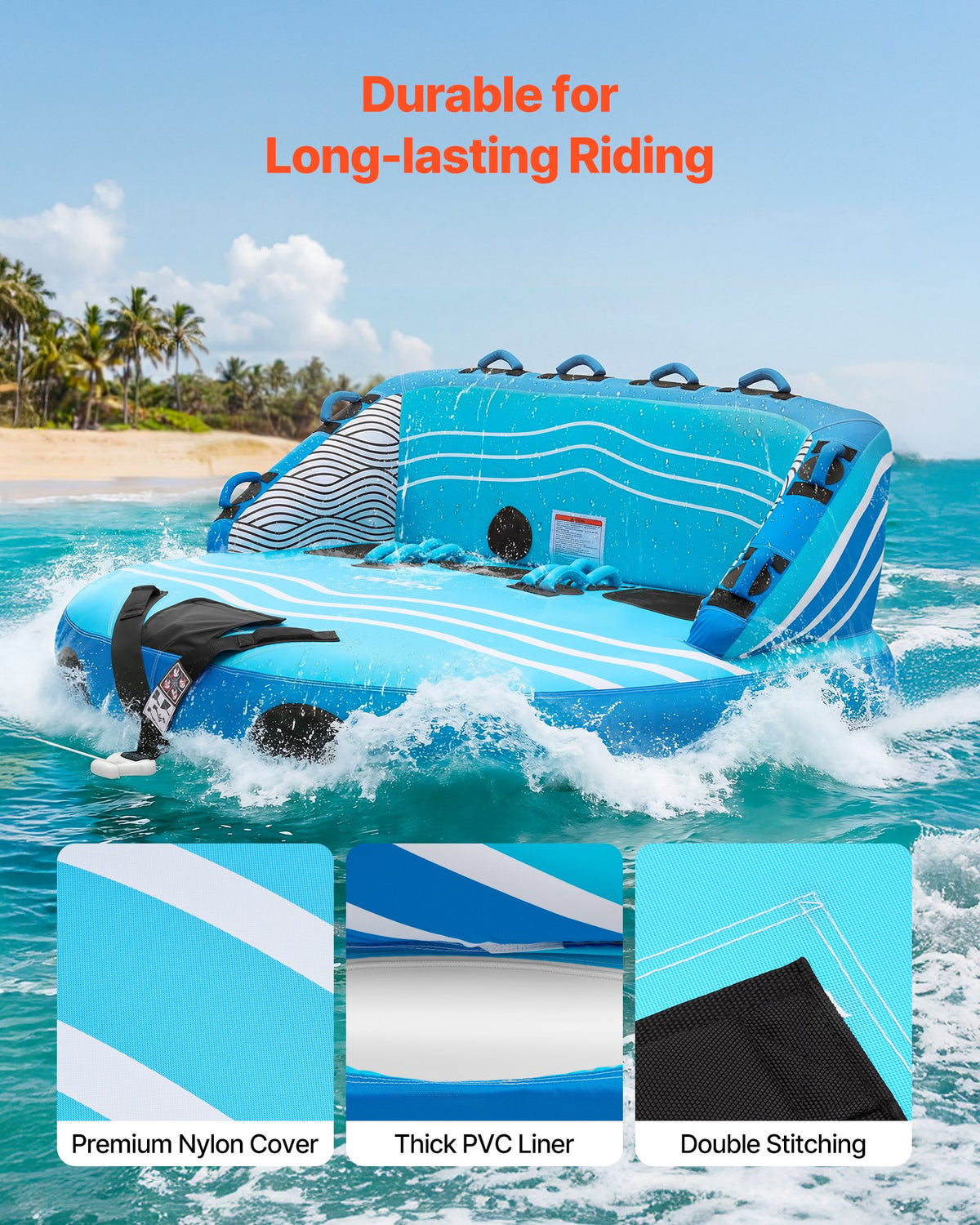 VEVOR Towable Tubes for Boating, 3-Rider Inflatable Towable Tube for Boat to Pull, 231 kg Capacity Water Sports Boating Tubes - with Full Nylon Cover, Dual Tow Points, Safety Valve & Padded Handles