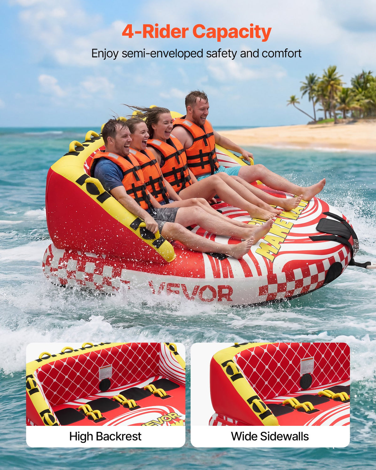 VEVOR Towable Tubes for Boating, 4-Rider Inflatable Towable Tube for Boat to Pull, 308 kg Capacity Water Sports Boating Tubes - with Full Nylon Cover, Dual Tow Points, Safety Valve & Padded Handles