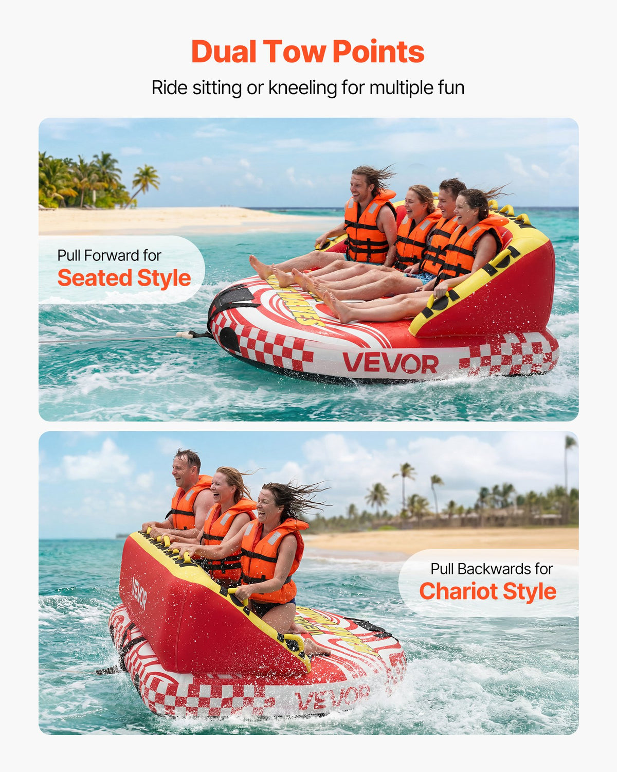 VEVOR Towable Tubes for Boating, 4-Rider Inflatable Towable Tube for Boat to Pull, 308 kg Capacity Water Sports Boating Tubes - with Full Nylon Cover, Dual Tow Points, Safety Valve & Padded Handles
