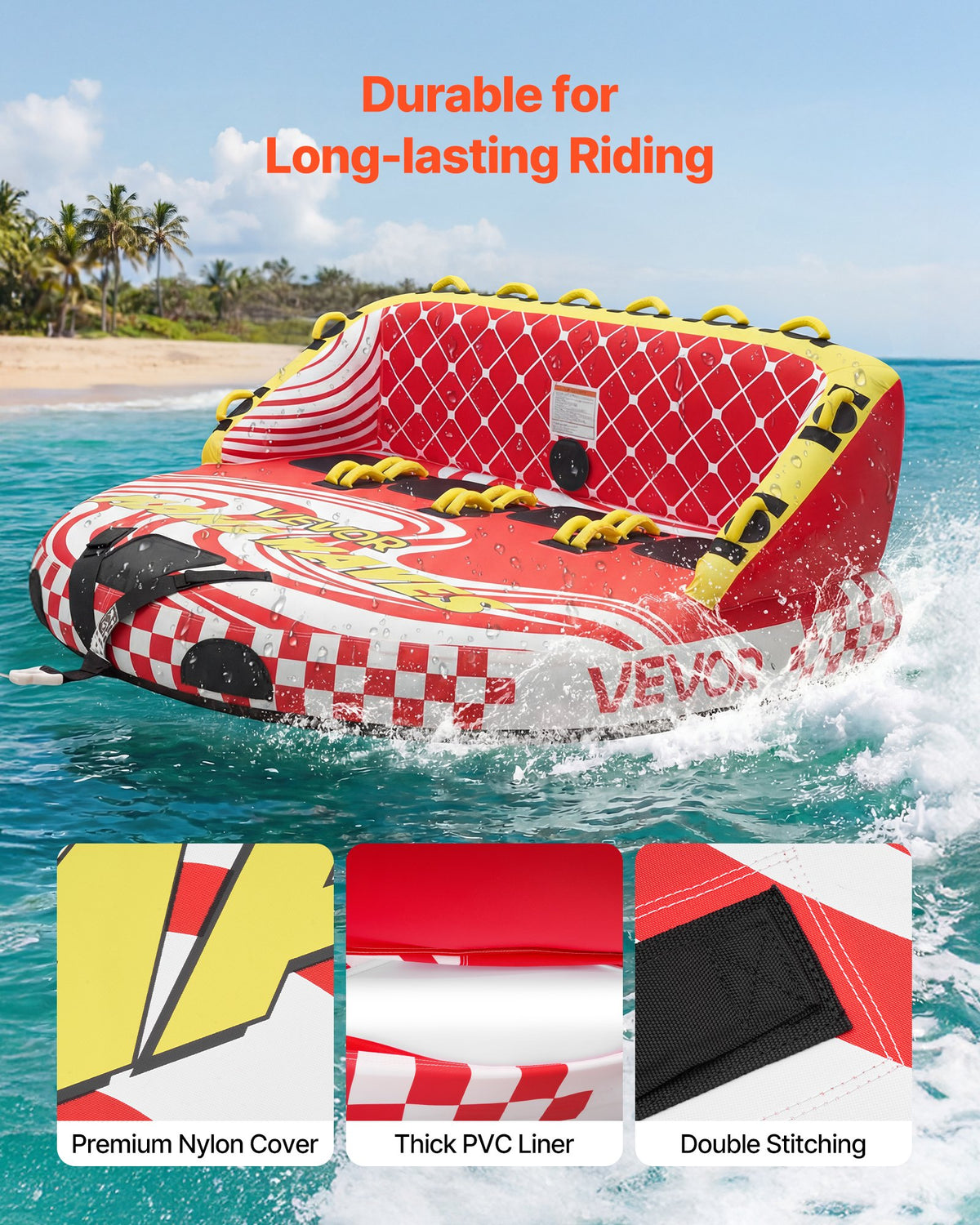 VEVOR Towable Tubes for Boating, 4-Rider Inflatable Towable Tube for Boat to Pull, 308 kg Capacity Water Sports Boating Tubes - with Full Nylon Cover, Dual Tow Points, Safety Valve & Padded Handles