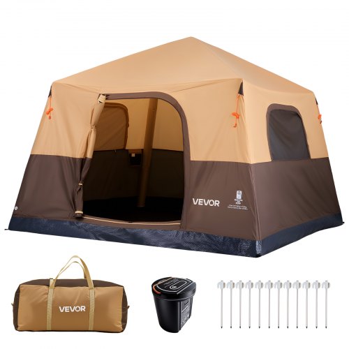 VEVOR Camping Tent, 6 Person Inflatable Cabin Tent with Rechargeable Pump, TPU Air Tube & 4 Large Mesh Windows, Portable Easy Setup Waterproof with Carry Bag for Family Outdoor Camping & Hiking, Beige