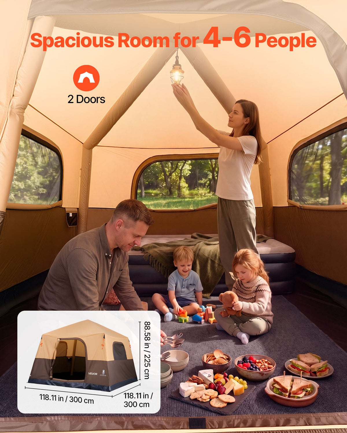 VEVOR Camping Tent, 6 Person Inflatable Cabin Tent with Rechargeable Pump, TPU Air Tube & 4 Large Mesh Windows, Portable Easy Setup Waterproof with Carry Bag for Family Outdoor Camping & Hiking, Beige