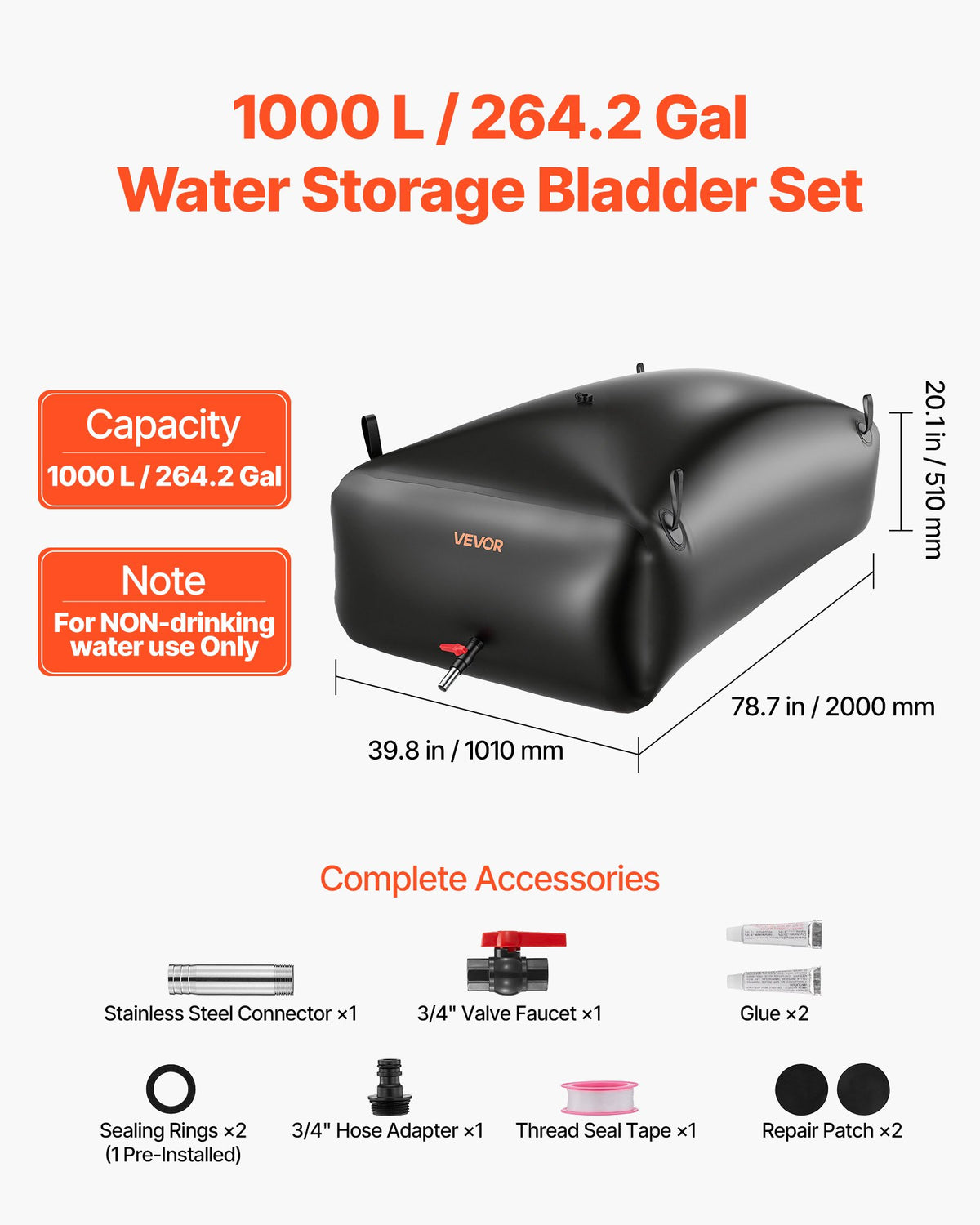VEVOR Water Storage Bladder, 1000L Portable & Collapsible Water Storage Bag, Wear-Resistant 1000D PVC Soft Waters Bag, Leakproof Camping Tank Containers for Garden Irrigation RV Emergency Use, Black