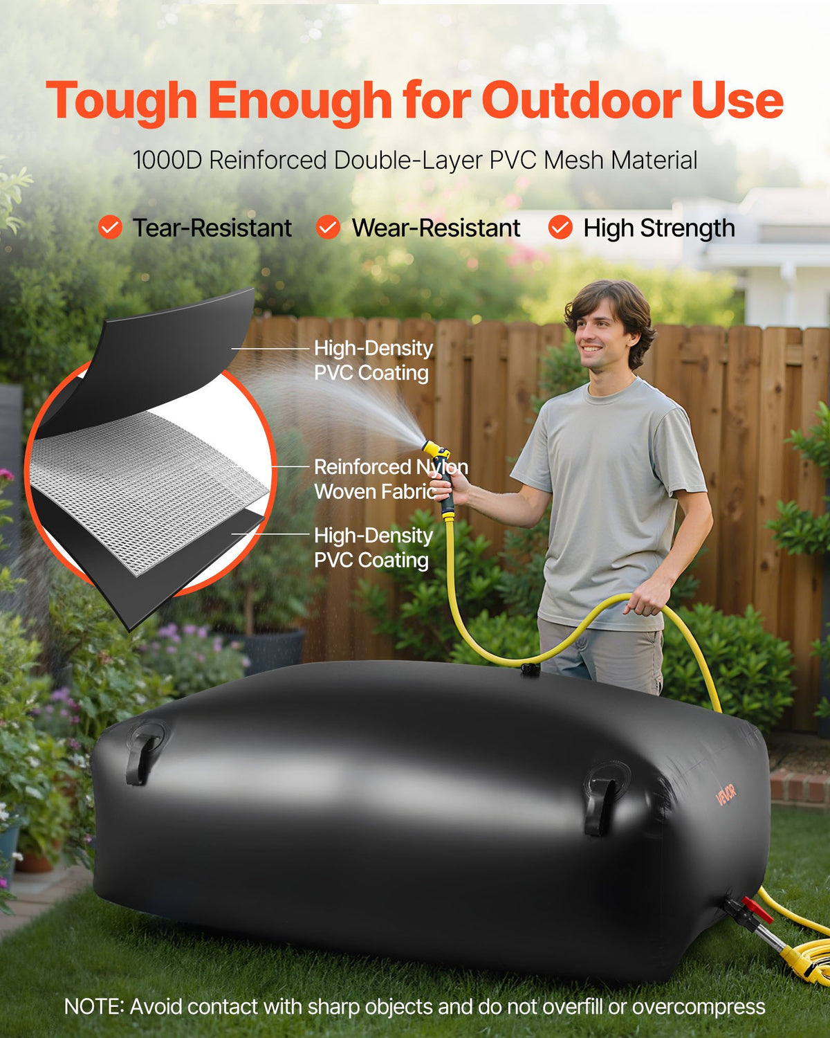 VEVOR Water Storage Bladder, 1000L Portable & Collapsible Water Storage Bag, Wear-Resistant 1000D PVC Soft Waters Bag, Leakproof Camping Tank Containers for Garden Irrigation RV Emergency Use, Black
