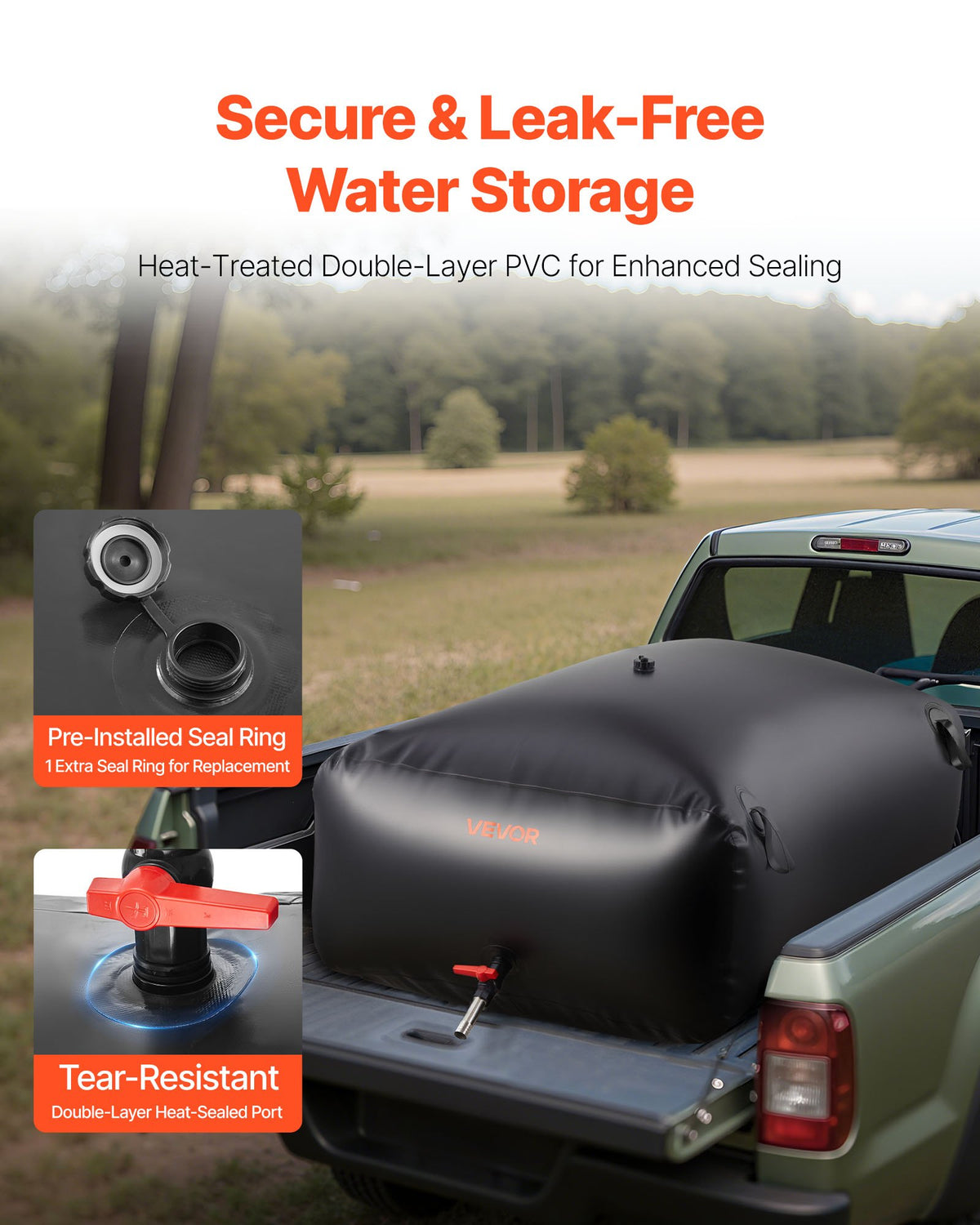VEVOR Water Storage Bladder, 1000L Portable & Collapsible Water Storage Bag, Wear-Resistant 1000D PVC Soft Waters Bag, Leakproof Camping Tank Containers for Garden Irrigation RV Emergency Use, Black