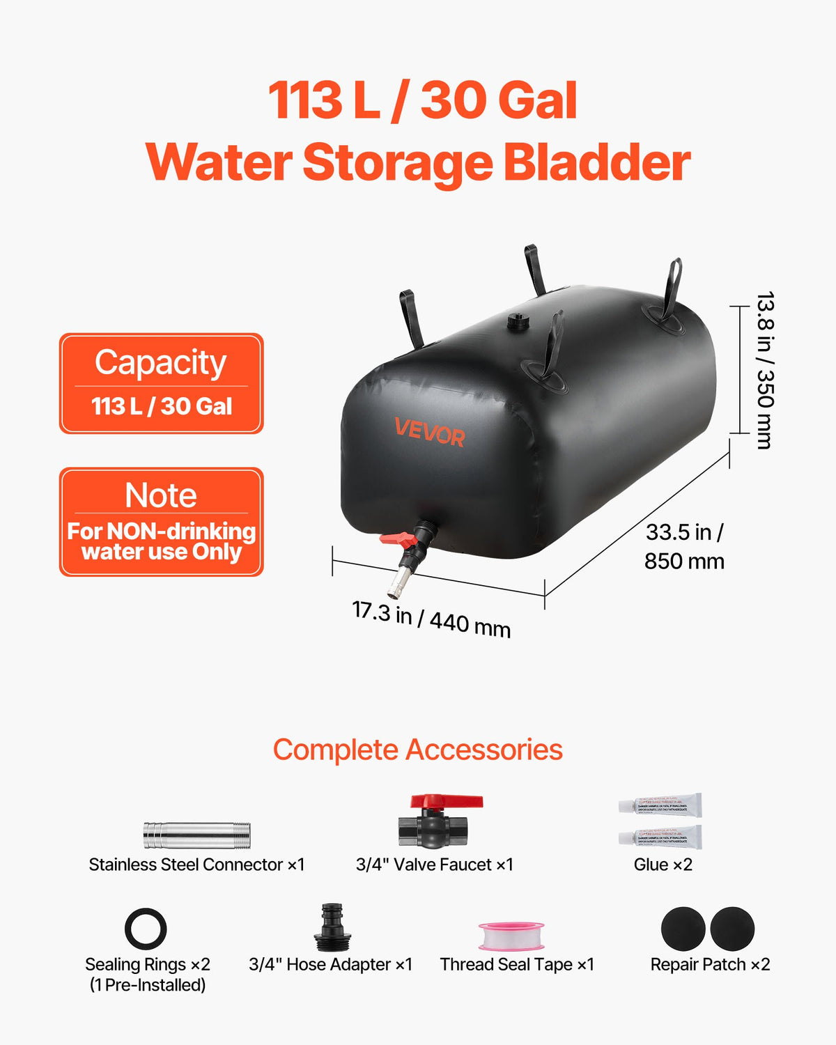 VEVOR Water Storage Bladder, 113L Portable & Collapsible Water Storage Bag, Wear-Resistant 1000D PVC Soft Waters Bag, Leakproof Camping Tank Containers for Garden Irrigation RV Emergency Use, Black