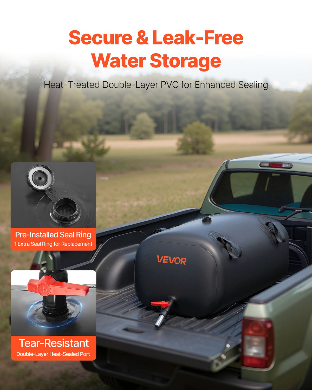 VEVOR Water Storage Bladder, 113L Portable & Collapsible Water Storage Bag, Wear-Resistant 1000D PVC Soft Waters Bag, Leakproof Camping Tank Containers for Garden Irrigation RV Emergency Use, Black