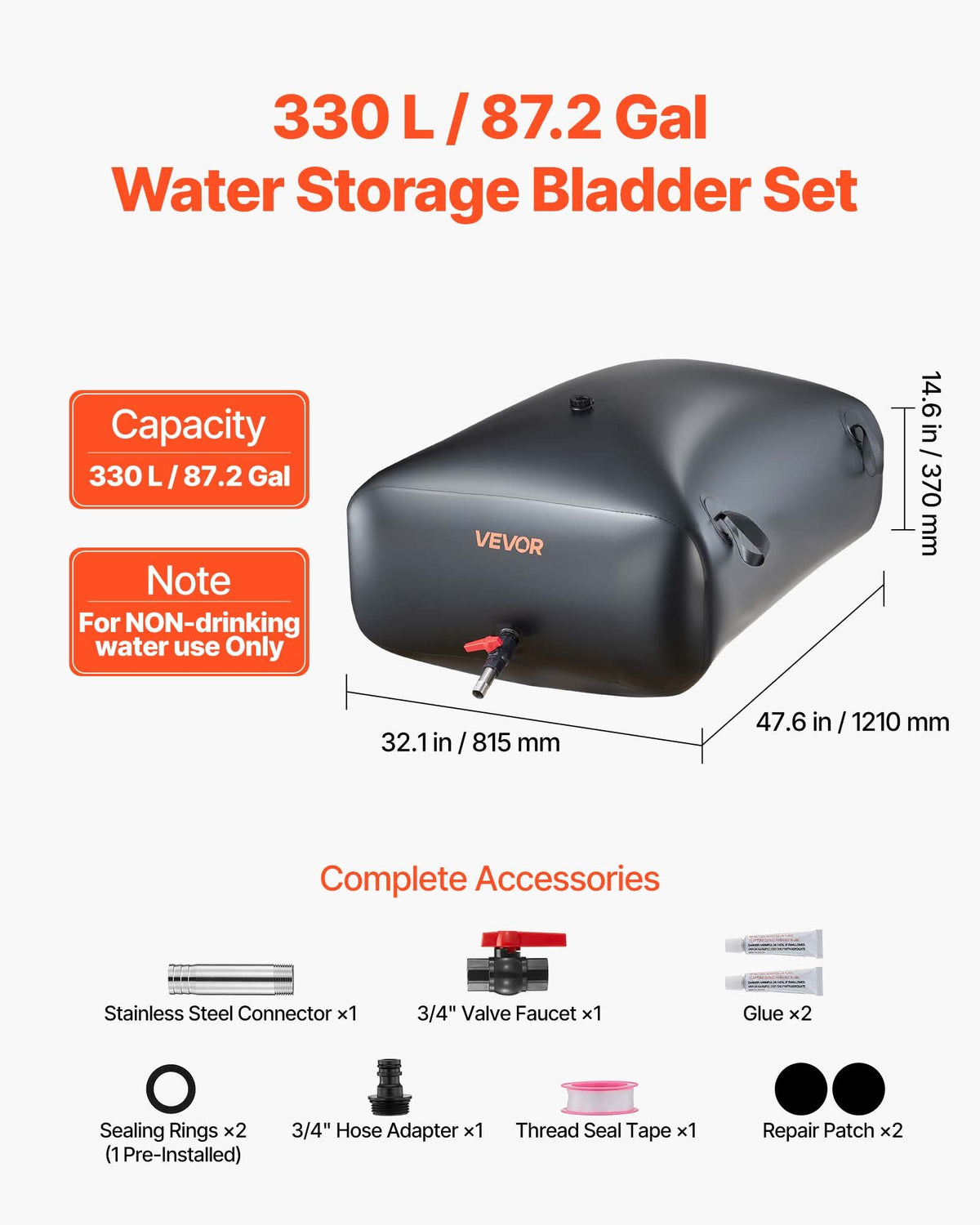 VEVOR Water Storage Bladder, 330L Portable & Collapsible Water Storage Bag, Wear-Resistant 1000D PVC Soft Waters Bag, Leakproof Camping Tank Containers for Garden Irrigation RV Emergency Use, Black