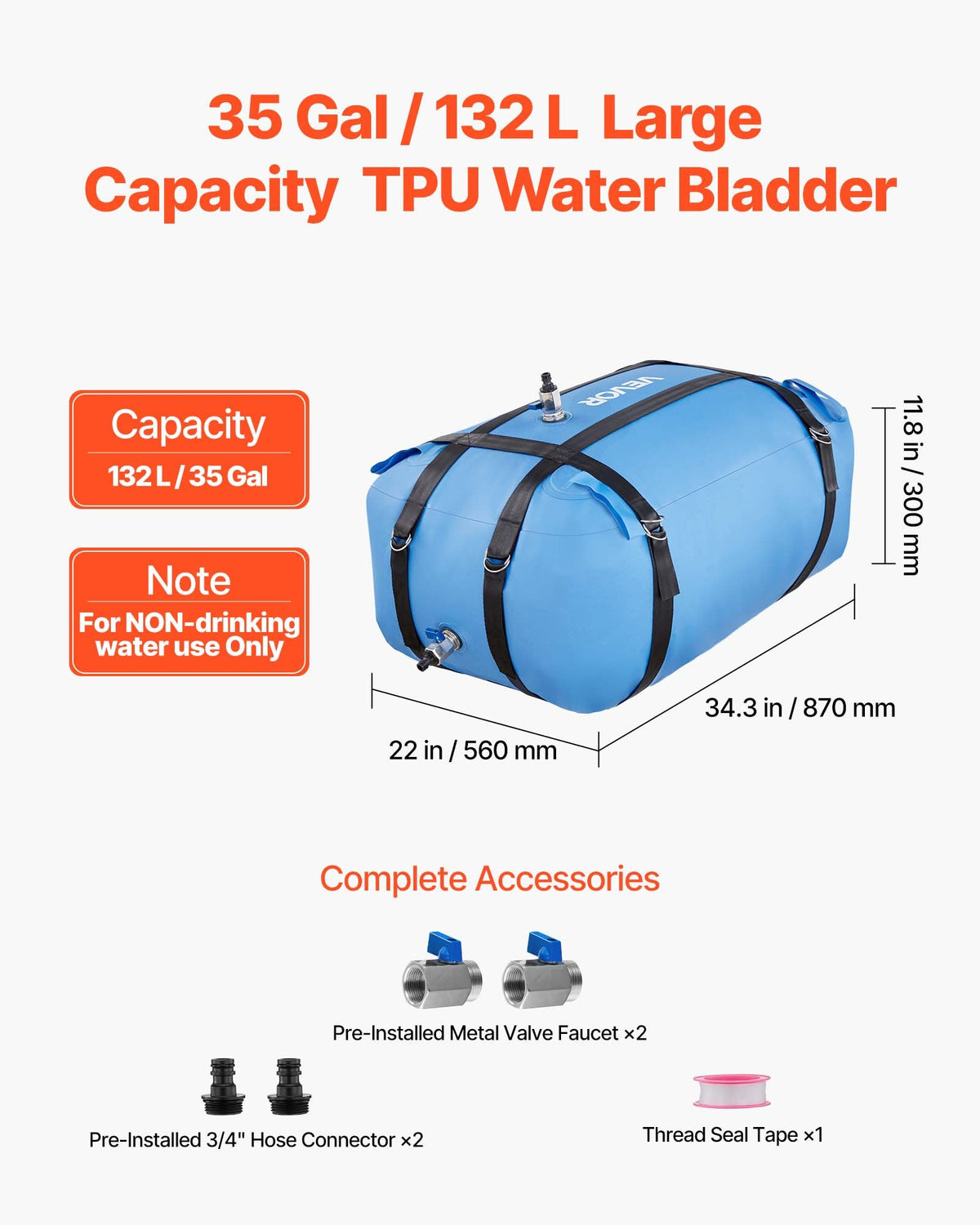 VEVOR Water Storage Bladder, 132L Large Capacity TPU Soft Water Bag, Portable & Collapsible Water Storage Containers, Leakproof & Wear-Resistant RV Waters Tank for Camping Irrigation Outdoor Use
