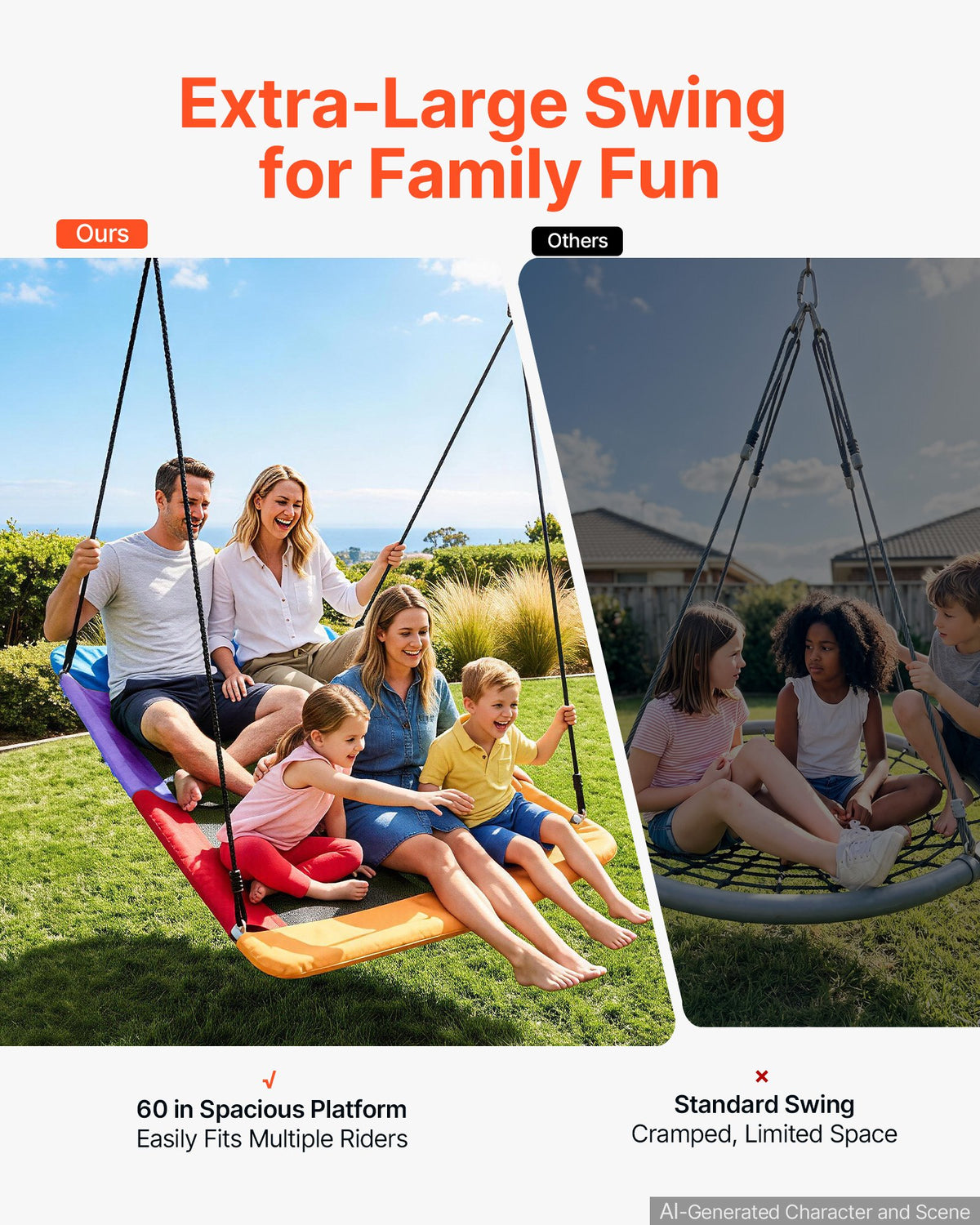 VEVOR Platform Tree Swing for Kids and Adults 317 kg 149 cm Giant Rectangle, for Backyard Outdoor & Indoor, 900D Oxford Fabric Swing Seat with 2 Hanging Straps, Adjustable Ropes and Curved Edge Design