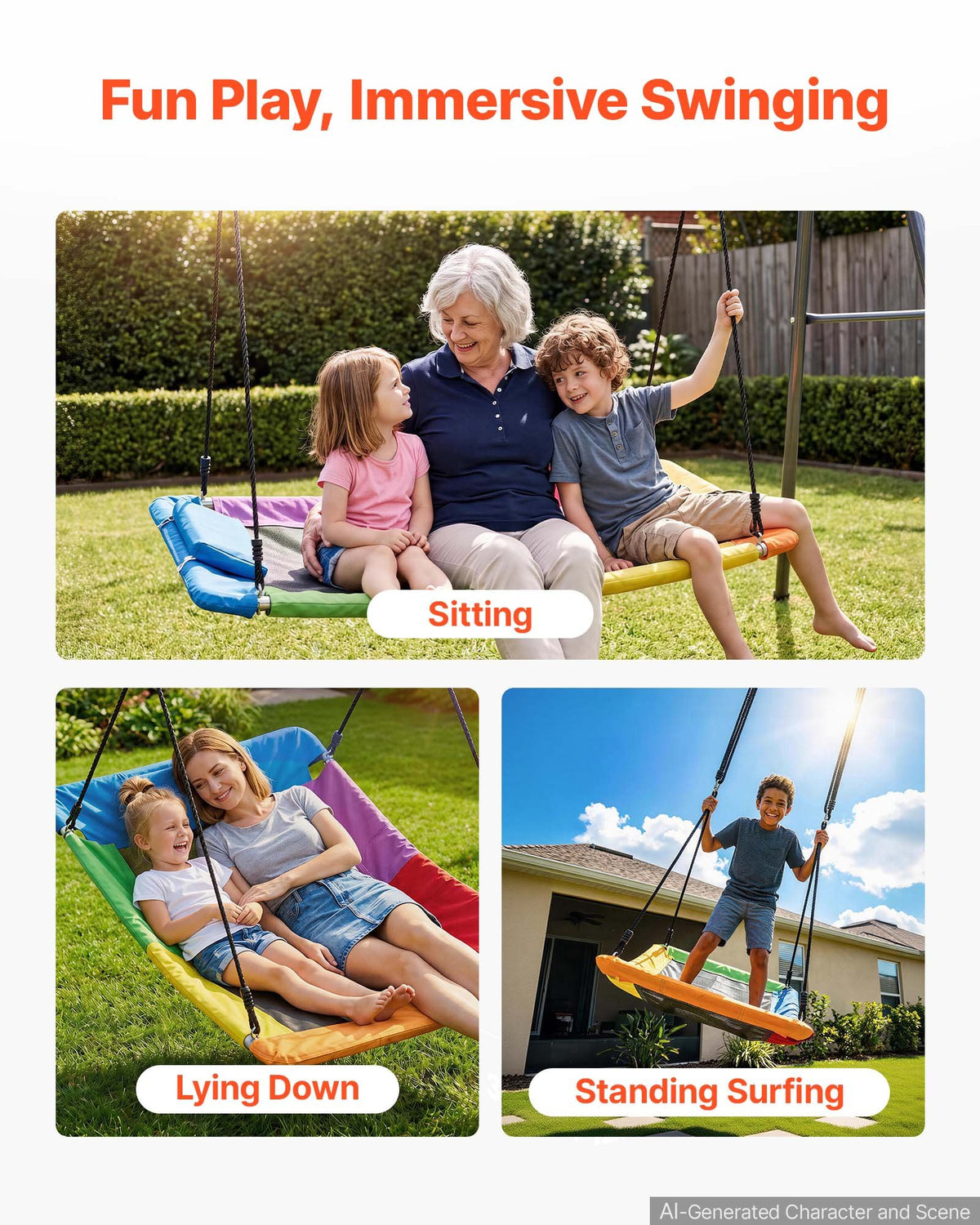 VEVOR Platform Tree Swing for Kids and Adults 317 kg 149 cm Giant Rectangle, for Backyard Outdoor & Indoor, 900D Oxford Fabric Swing Seat with 2 Hanging Straps, Adjustable Ropes and Curved Edge Design