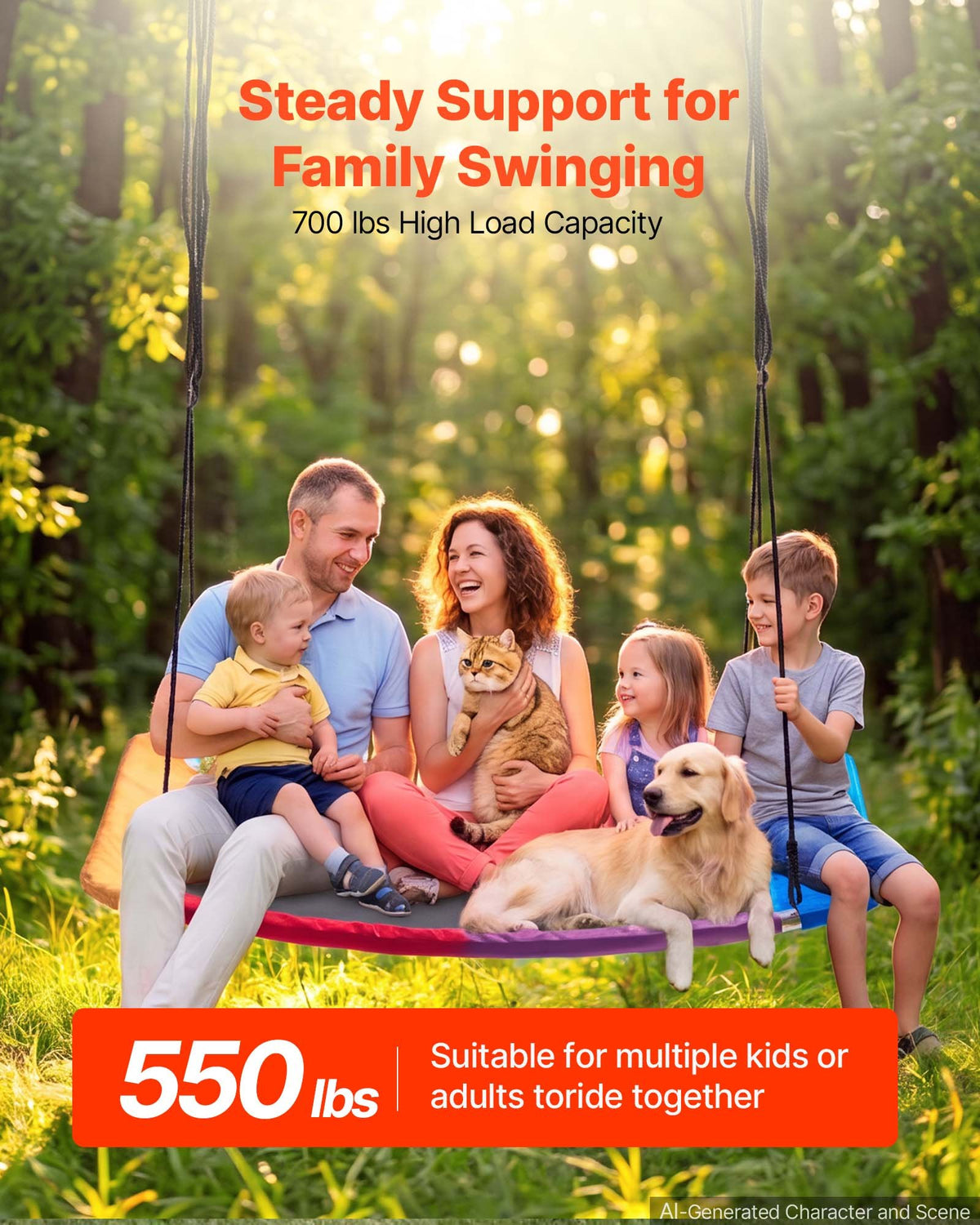 VEVOR Platform Tree Swing for Kids and Adults 317 kg 149 cm Giant Rectangle, for Backyard Outdoor & Indoor, 900D Oxford Fabric Swing Seat with 2 Hanging Straps, Adjustable Ropes and Curved Edge Design