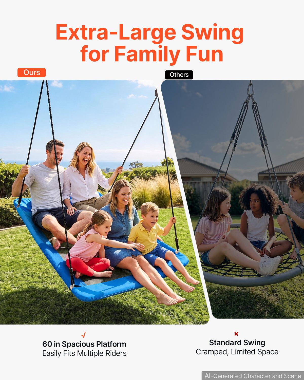 VEVOR Platform Tree Swing for Kids and Adults 317 kg 149 cm Rectangle Blue, for Backyard Outdoor & Indoor, 900D Oxford Fabric Giant Seat with 2 Hanging Straps, Adjustable Ropes and Curved Edge Design