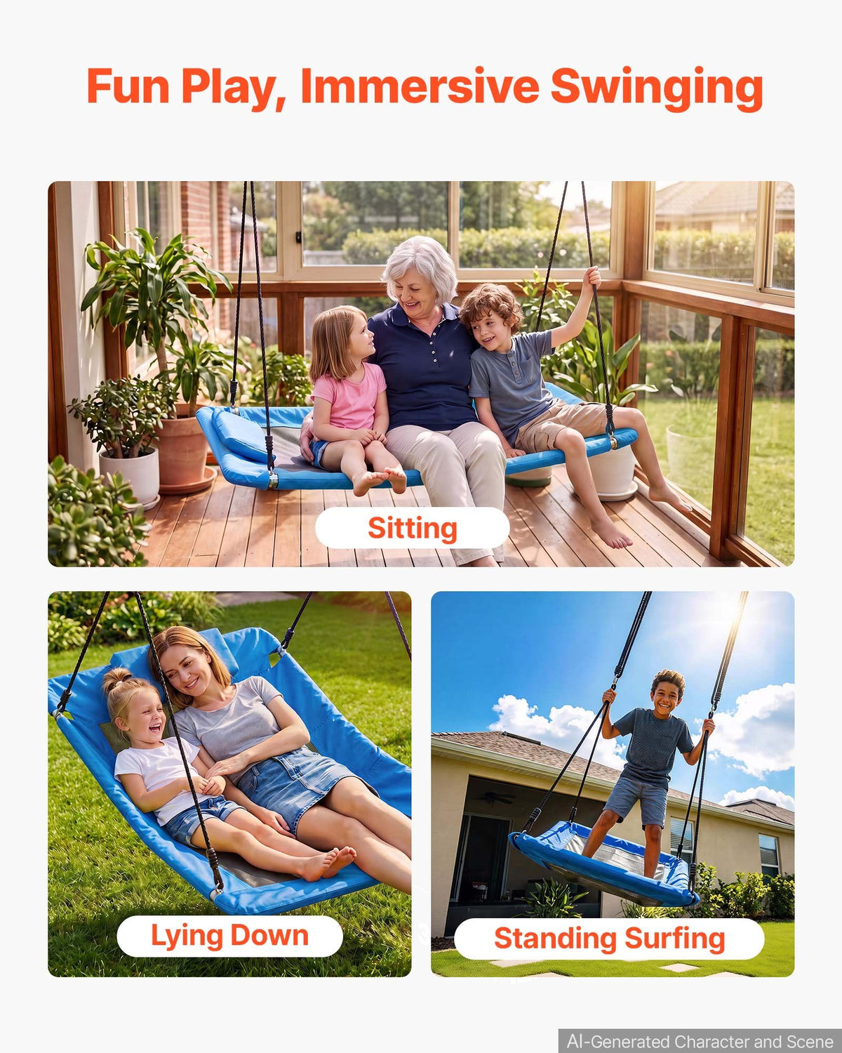 VEVOR Platform Tree Swing for Kids and Adults 317 kg 149 cm Rectangle Blue, for Backyard Outdoor & Indoor, 900D Oxford Fabric Giant Seat with 2 Hanging Straps, Adjustable Ropes and Curved Edge Design
