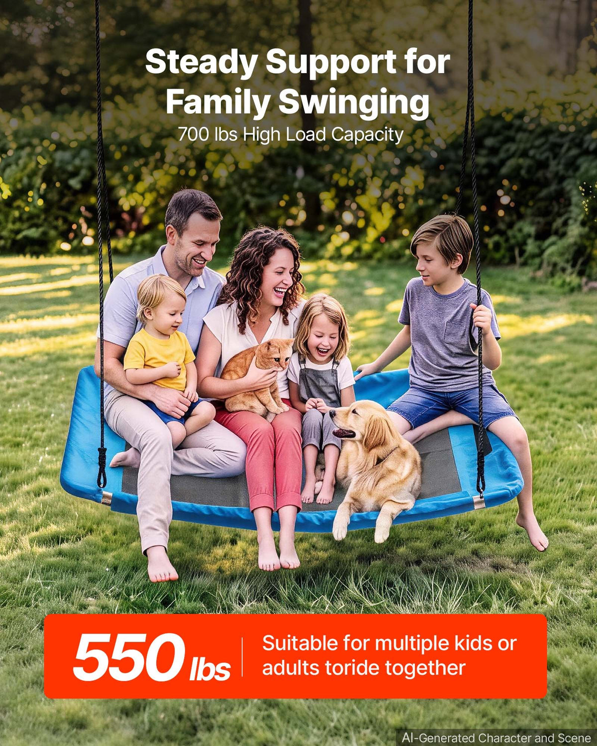 VEVOR Platform Tree Swing for Kids and Adults 317 kg 149 cm Rectangle Blue, for Backyard Outdoor & Indoor, 900D Oxford Fabric Giant Seat with 2 Hanging Straps, Adjustable Ropes and Curved Edge Design