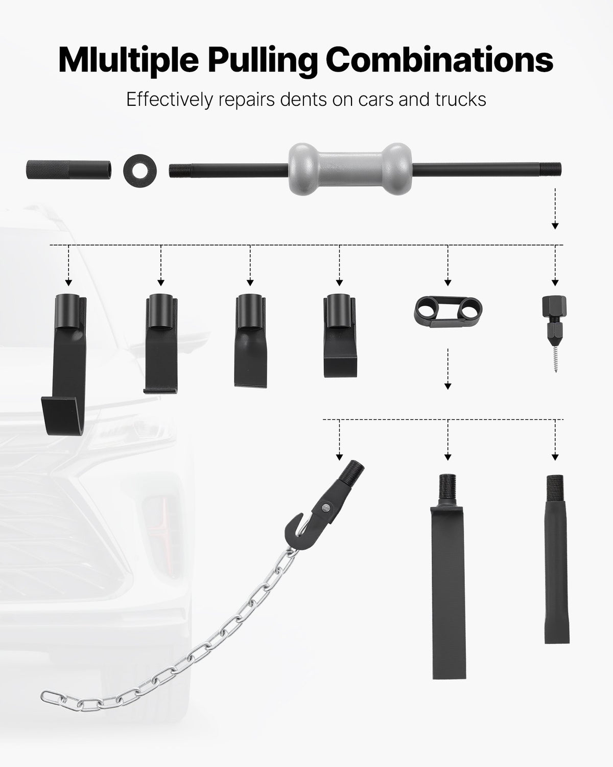 VEVOR Dent Puller Kit, 4.54 kg 13-in-1 Slide Hammer Dent Removal Kit, Heavy-Duty Auto Body Truck Repair Automotive Damage Remover Tool Repair Frame with Carrying Case, Extension Rod, Non-Slip Handle