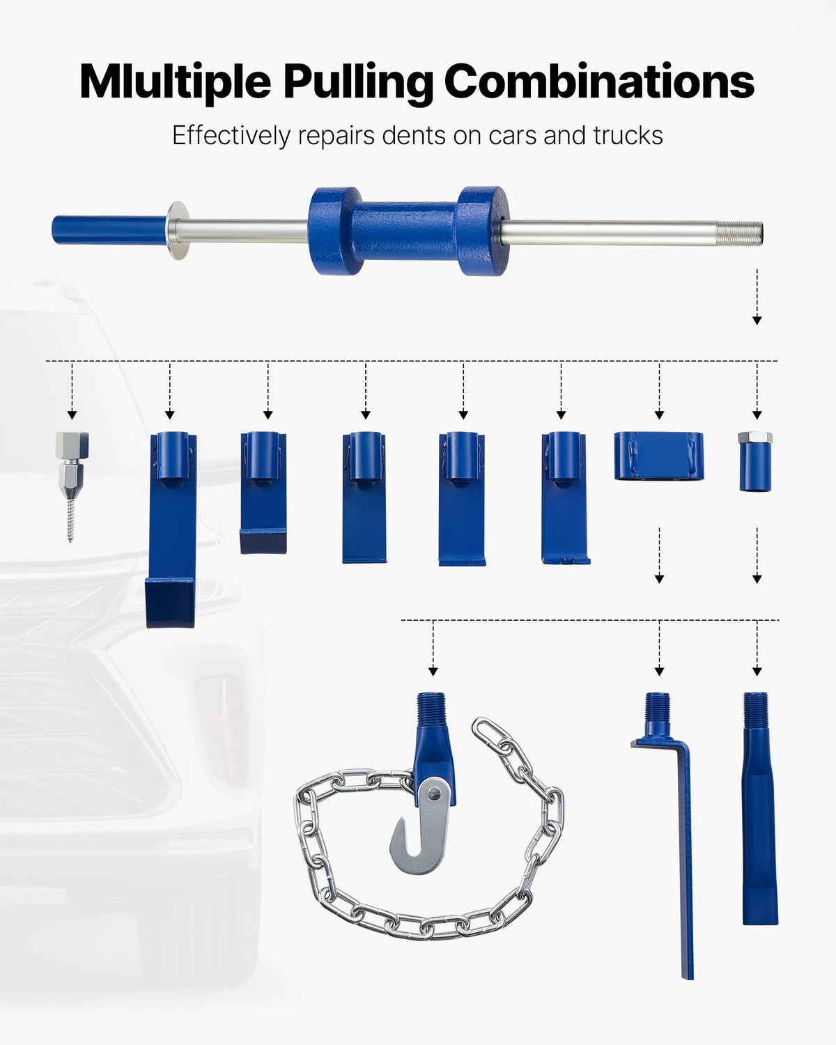 VEVOR Dent Puller Kit, 5.9 kg 14-in-1 Slide Hammer Dent Removal Kit, Heavy-Duty Auto Body Truck Repair Automotive Damage Remover Tool Repair Frame with Carrying Case, Extension Rod, Non-Slip Handle