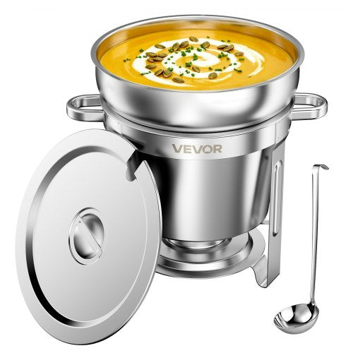 VEVOR 1 Pack Soup Chafer, Chafing Dish for Buffet Set,10.4L Stainless Steel, Catering Marmite for Banquet Party Wedding, Round Buffet Server and Soup Warmer, with Pot, Ladle, and Fuel Holder