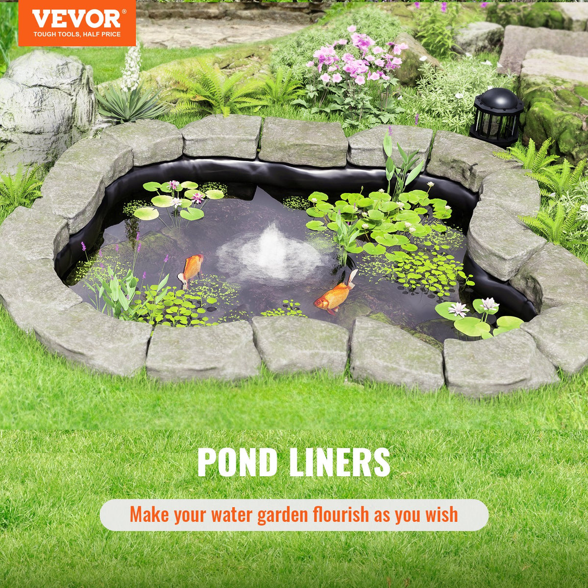 VEVOR Pond Liner, 4.6 x 6 m 1.14 mm Thickness, Pliable EPDM Material Pond Skins, Easy Cutting Underlayment for Fish or Koi Ponds, Water Features, Waterfall Base, Fountains, Water Gardens, Black