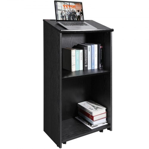 VEVOR Podium Stand, 119 cm Hostess Stand with 4 Rolling Wheels, Wood Podium with Storage Shelves, and Slant Desktop, Lecterns & Podiums for Church, Office, School, Home, Black